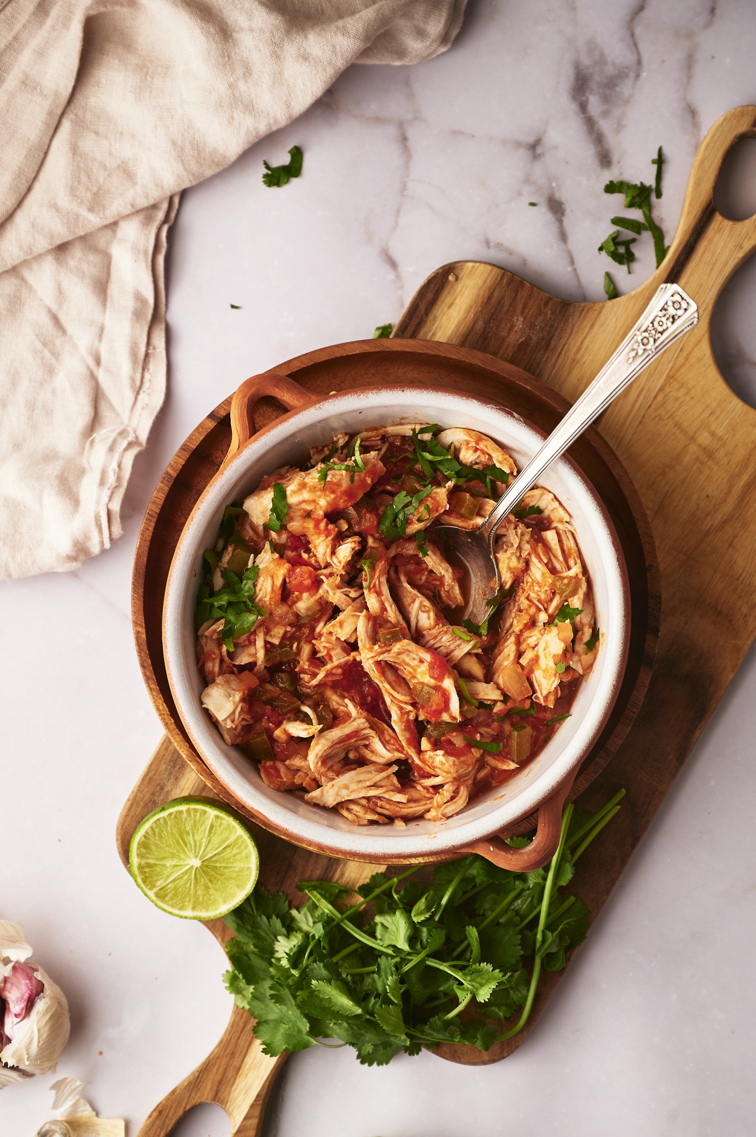 Authentic chicken tinga with shredded chicken in a tomato chipotle sauce in a bowl with cilantro. 