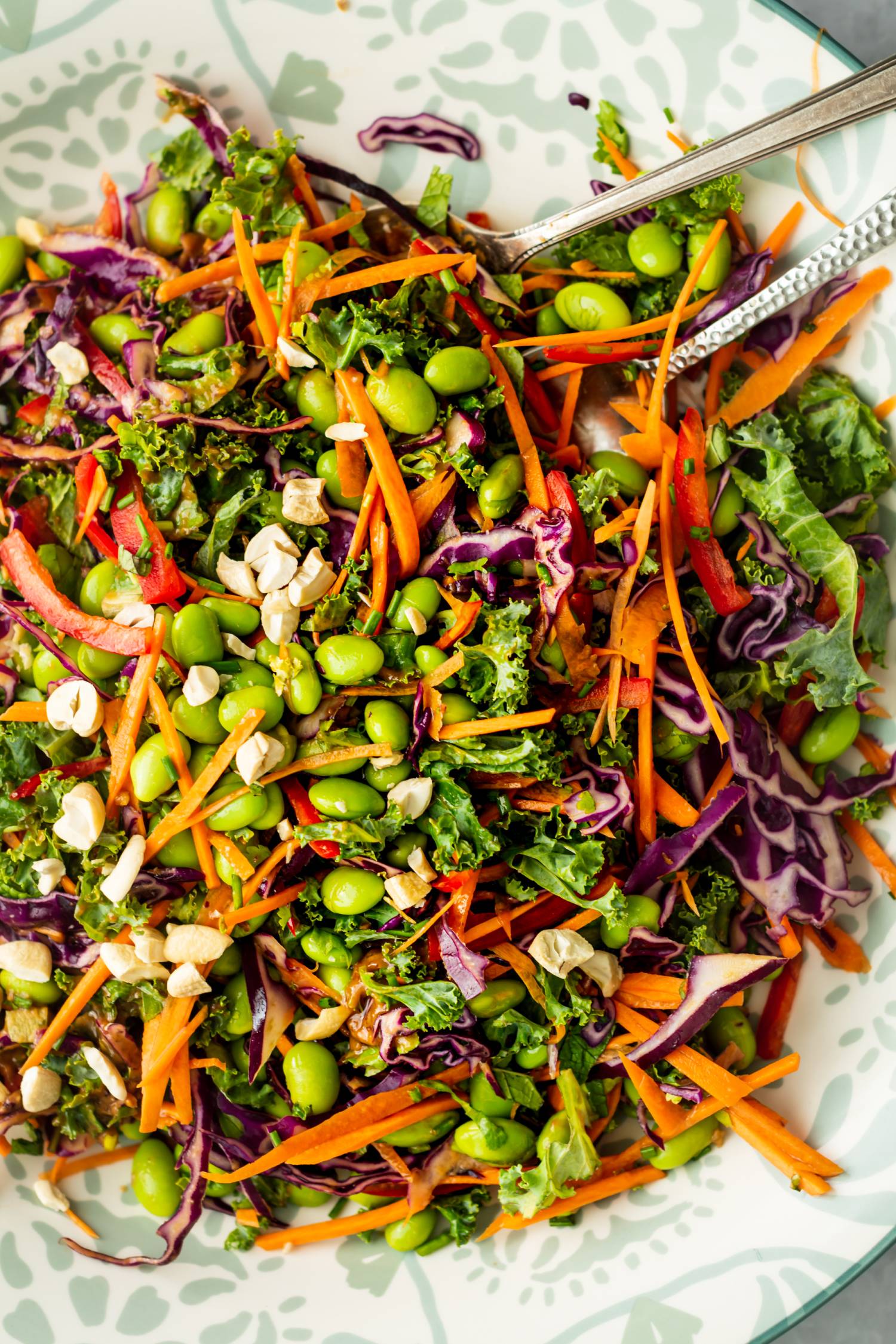 Edamame, cabbage, and kale salad with red bell peppers and carrots in peanut dressing.