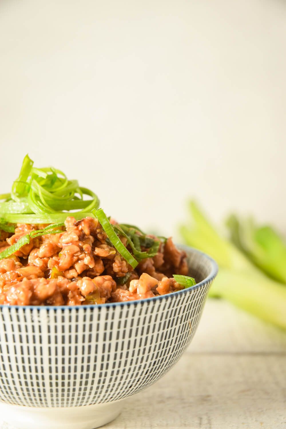 Mongolian chicken with green onions in a soy based sauce.