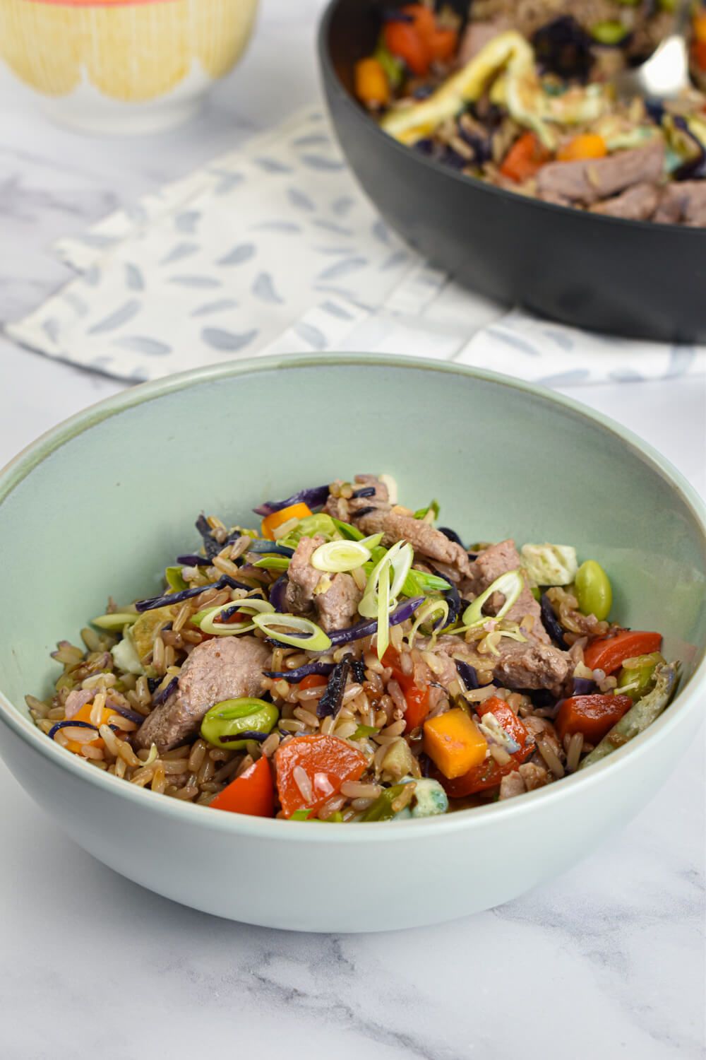 Fried rice with pork, vegetables, and brown rice on a plate with a napkin.