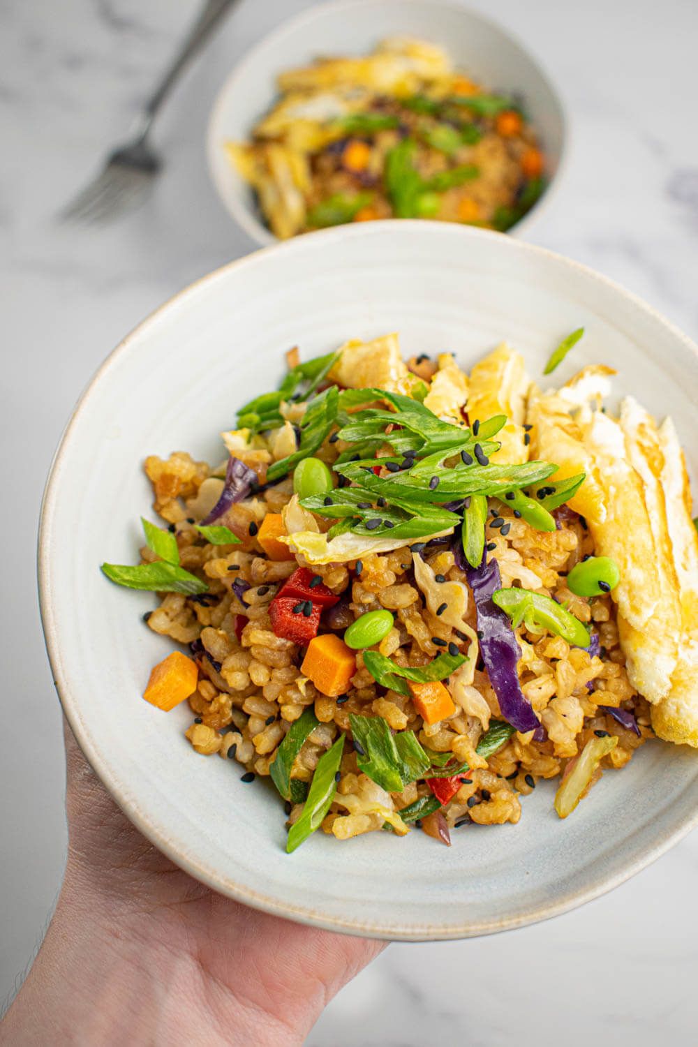 Easy Egg Fried Rice with brown rice, eggs, and vegetables in a bowl being held up by a hand.