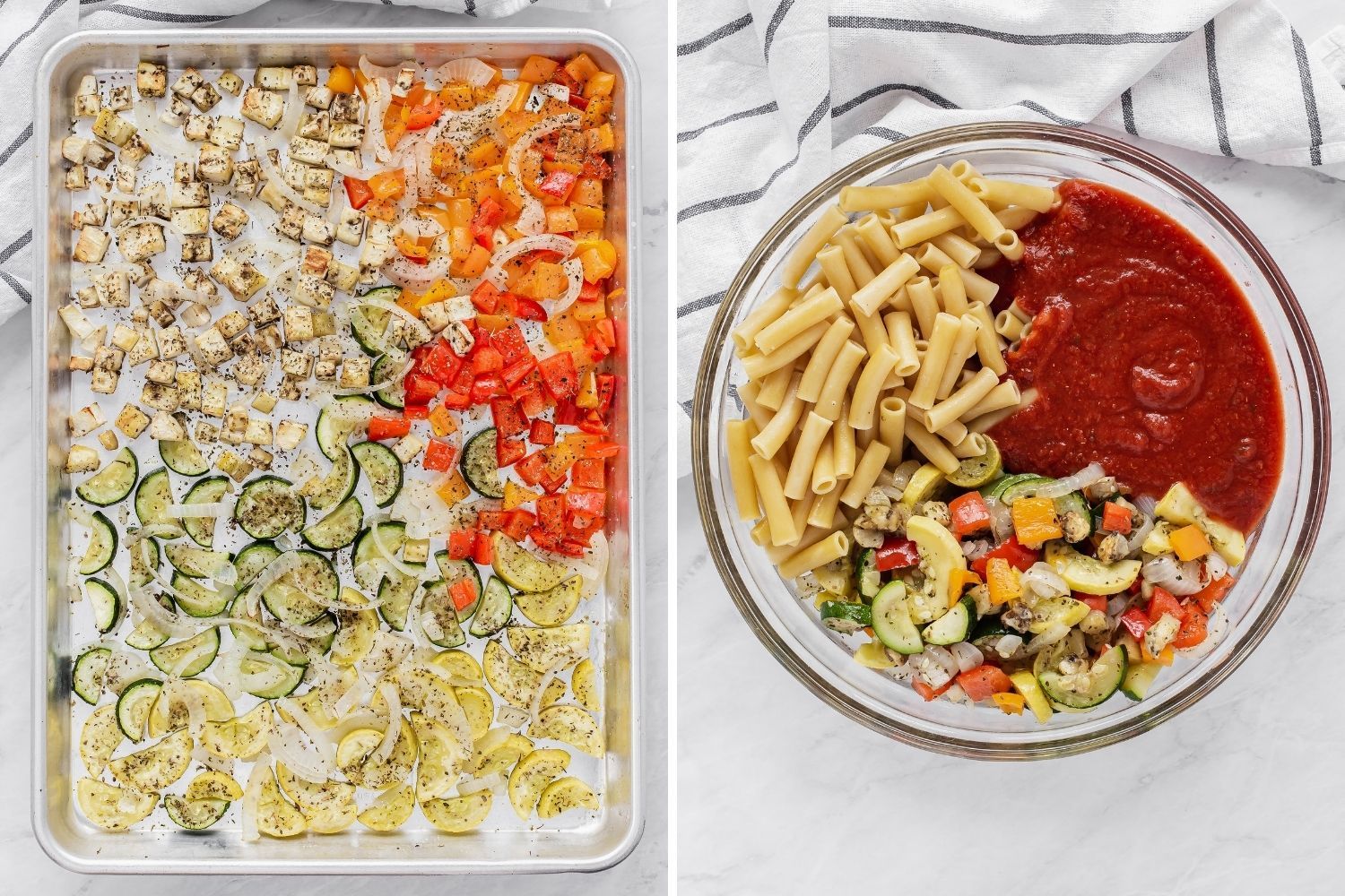 Roasted vegetables on a sheet pan and pasta, sauce, and veggies in a bowl.