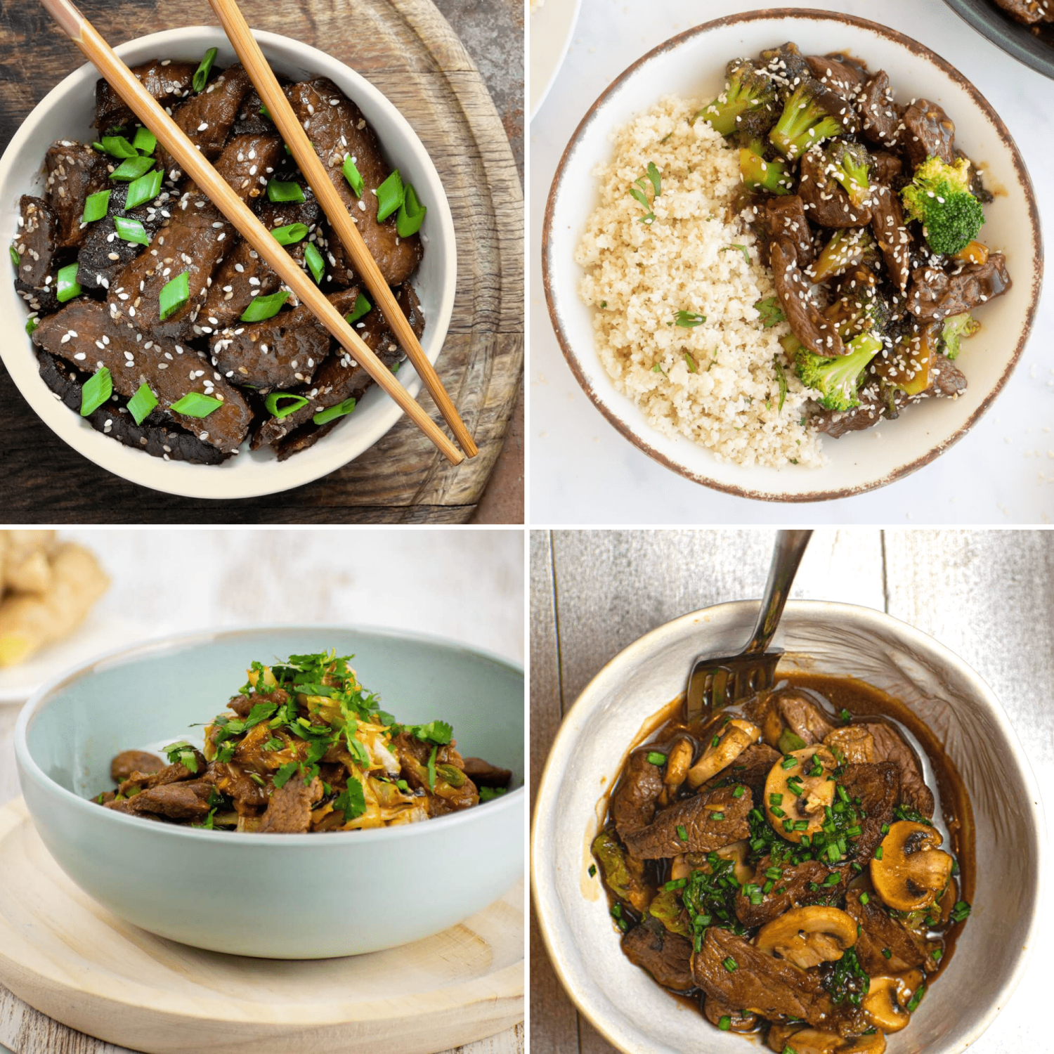 Beef stir fry recipes including Mongolian beef, beef and broccoli, Moo Shu beef, and beef and bok choy.