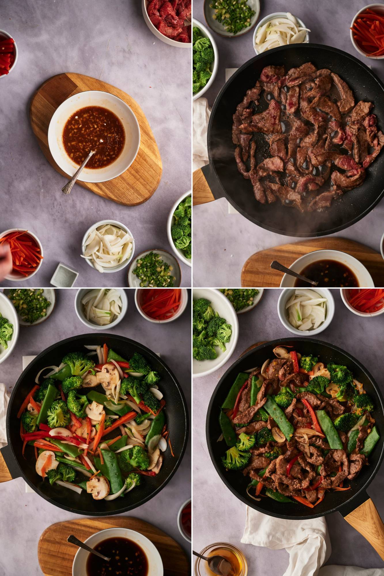 Steps to make a beef stir fry including the sauce, cooking the beef, cooking the vegetables, and assembling.