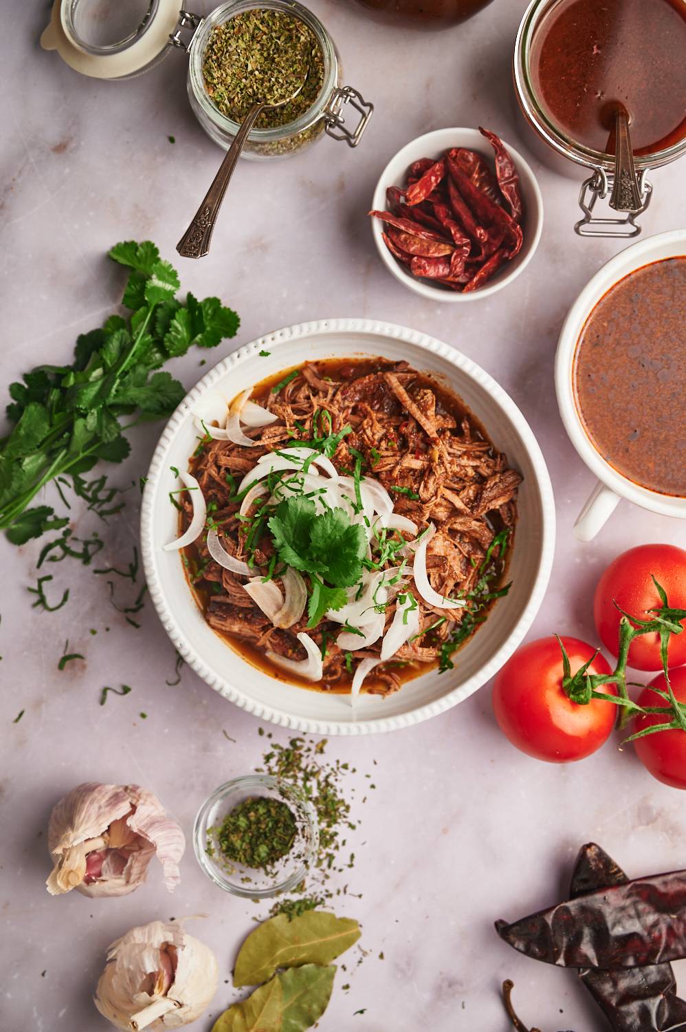 Bowl of beef birria with birria sauce on the side with white onions, cilantro, and garlic.