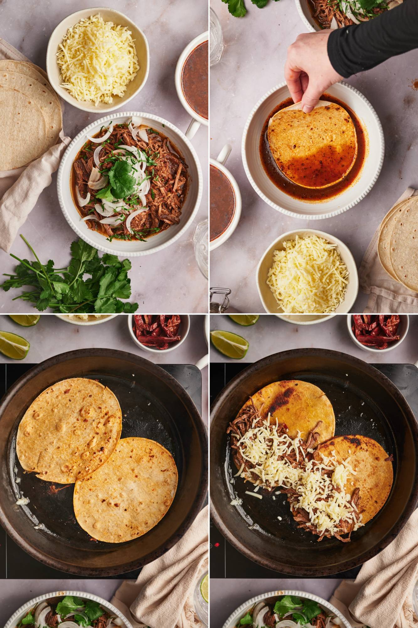 How to make birria taco including  ingredients, dipping tortillas in broth, and frying the tortillas and tacos.