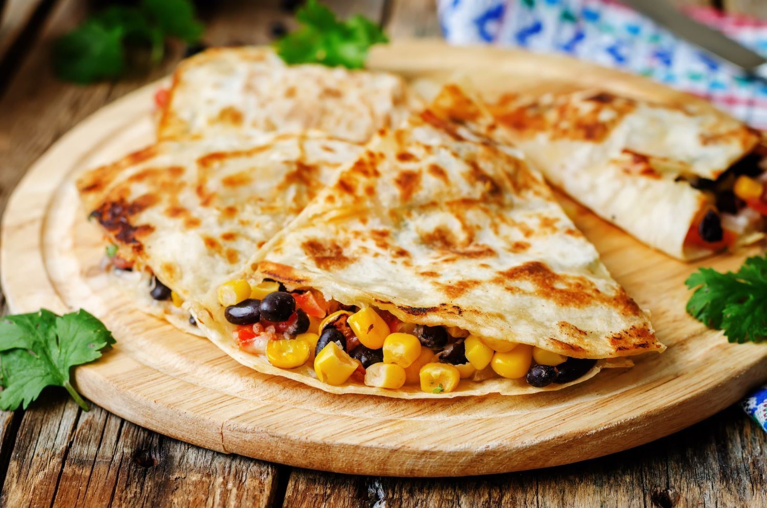 Black Bean and Corn Quesadilla with cilantro and cheese.