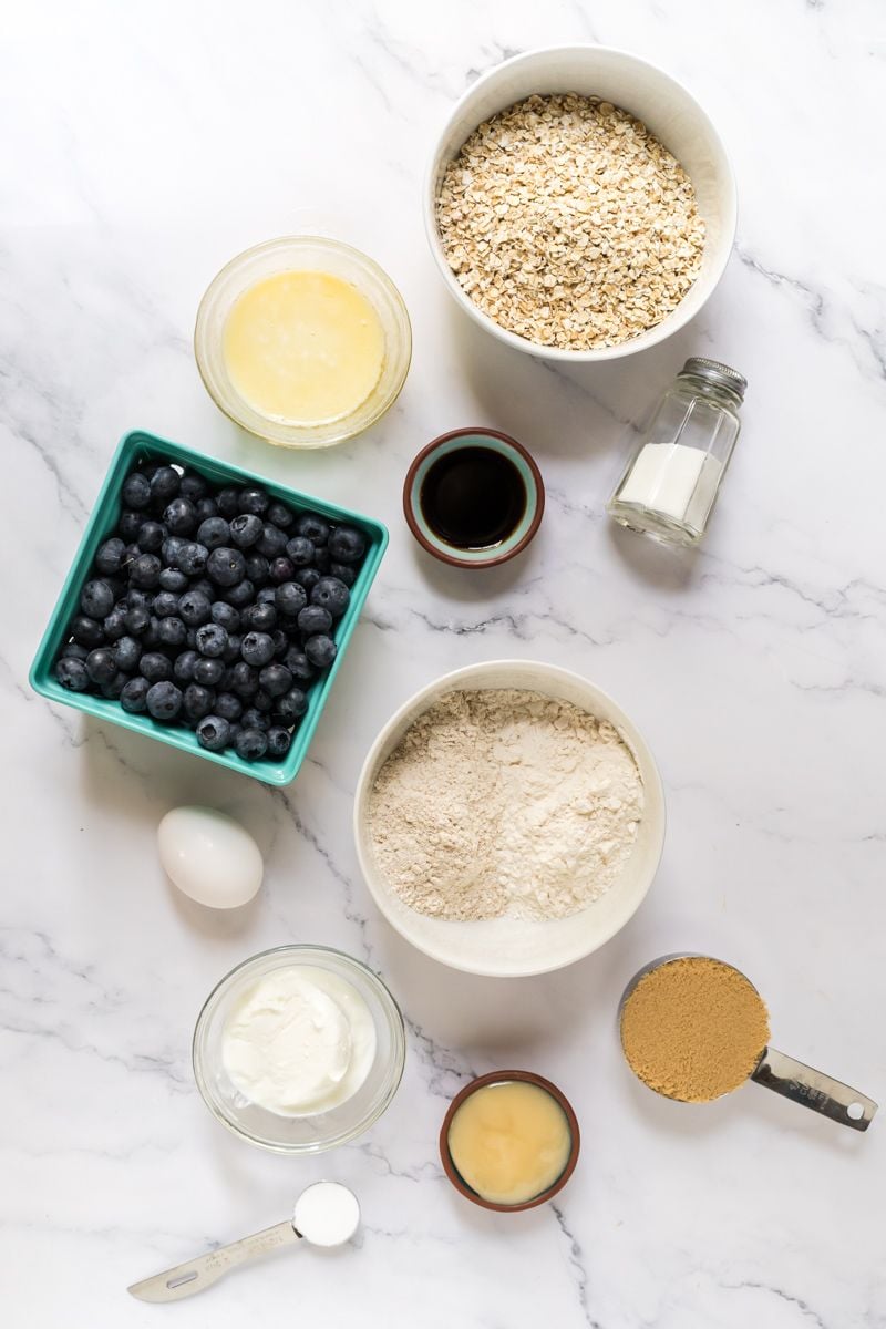 Ingredients for blueberry oatmeal bars with rolled oats, blueberries, butter, yogurt, cinnamon, and eggs.