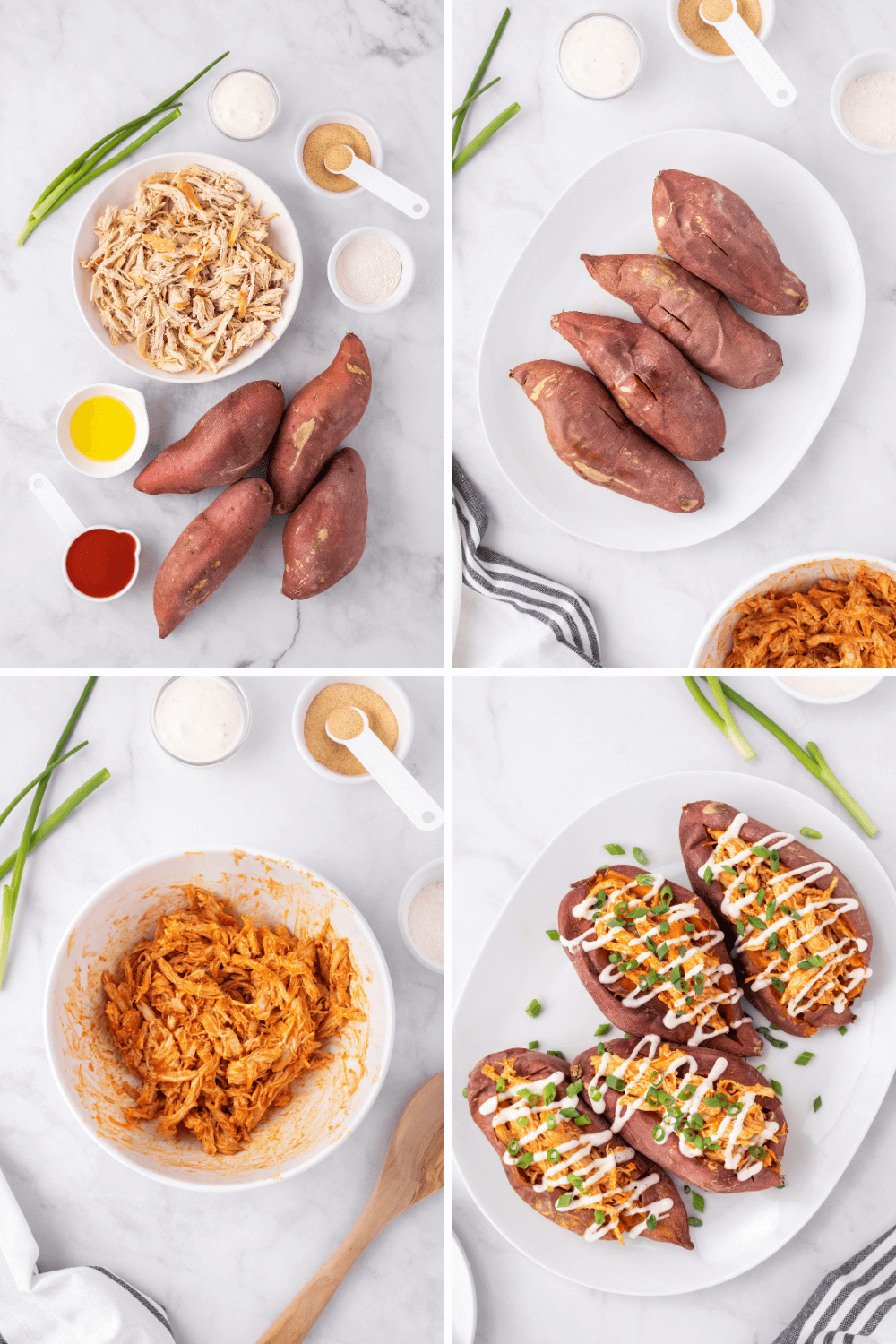 How to make buffalo chicken sweet potatoes including ingredients, baked sweet potatoes, shredded buffalo chicken, and stuffed potatoes.