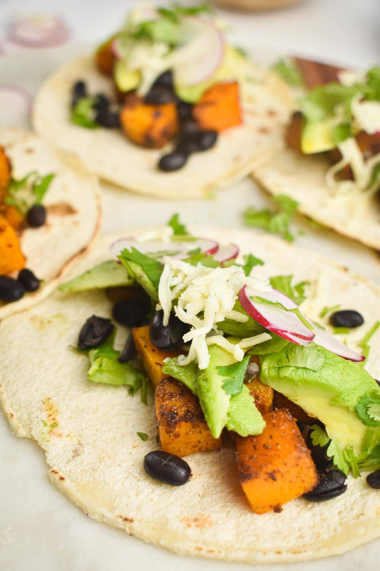 Black bean butternut squash tacos with cilantro, avocado, corn tortillas, and radishes.