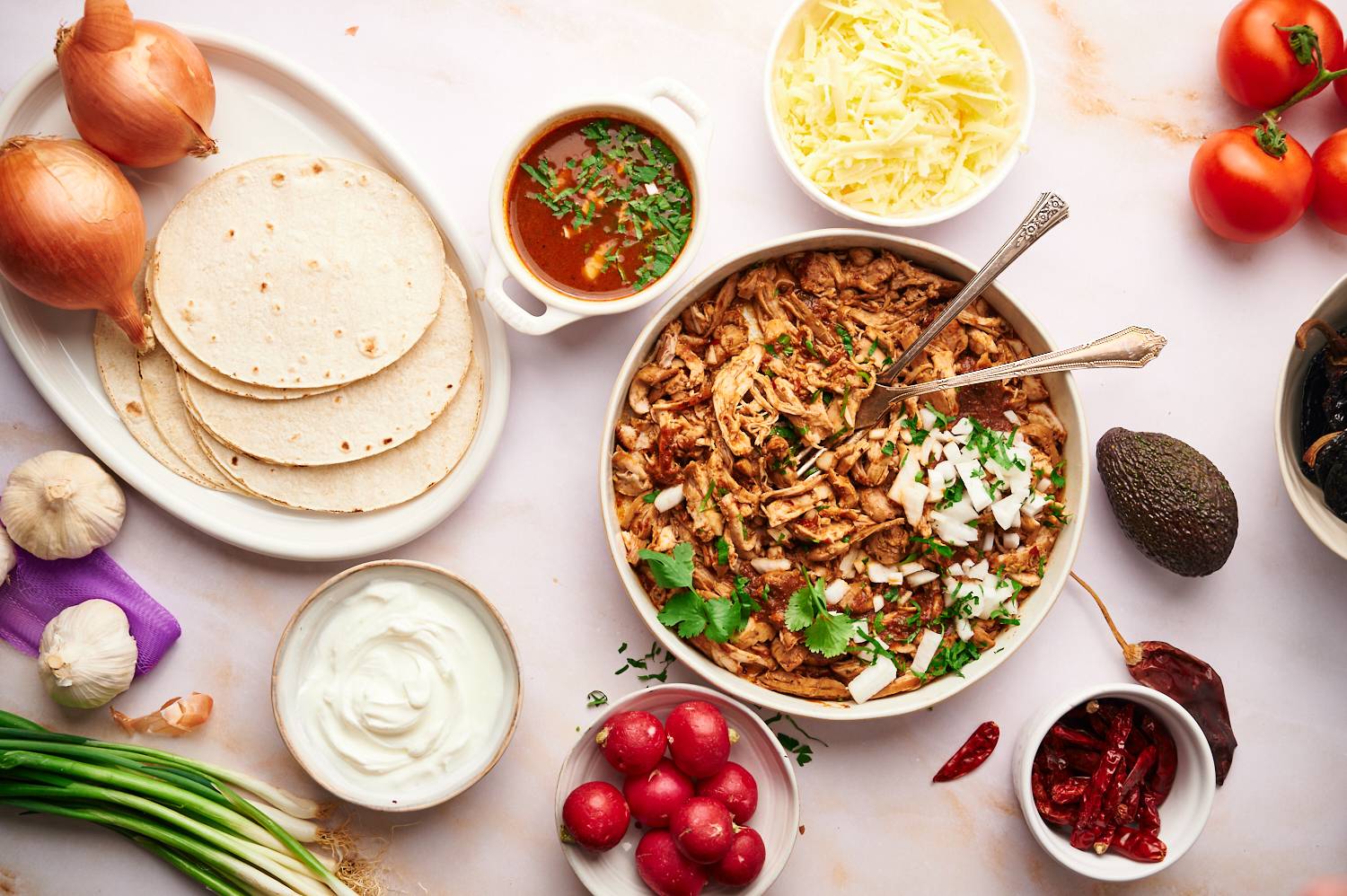 Shredded chicken birria in a bowl with corn tortillas, birria sauce, tomatoes, and radishes on the side.