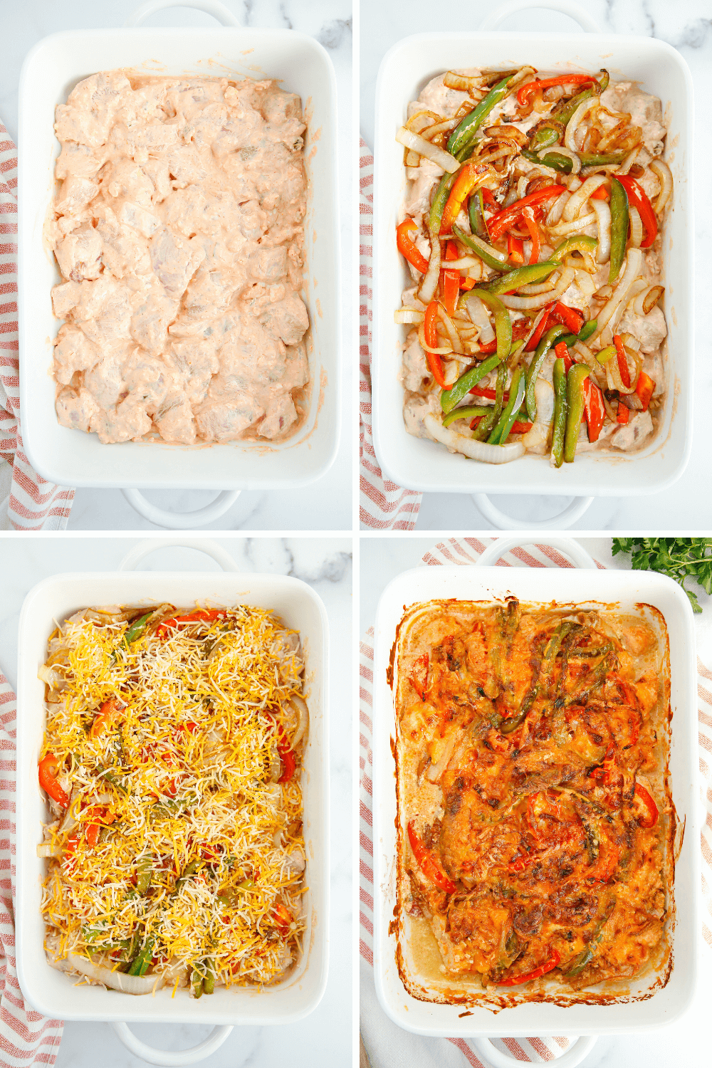 How to make chicken fajita casserole including step by step photos of chicken, sauce, vegetables, and final dish.