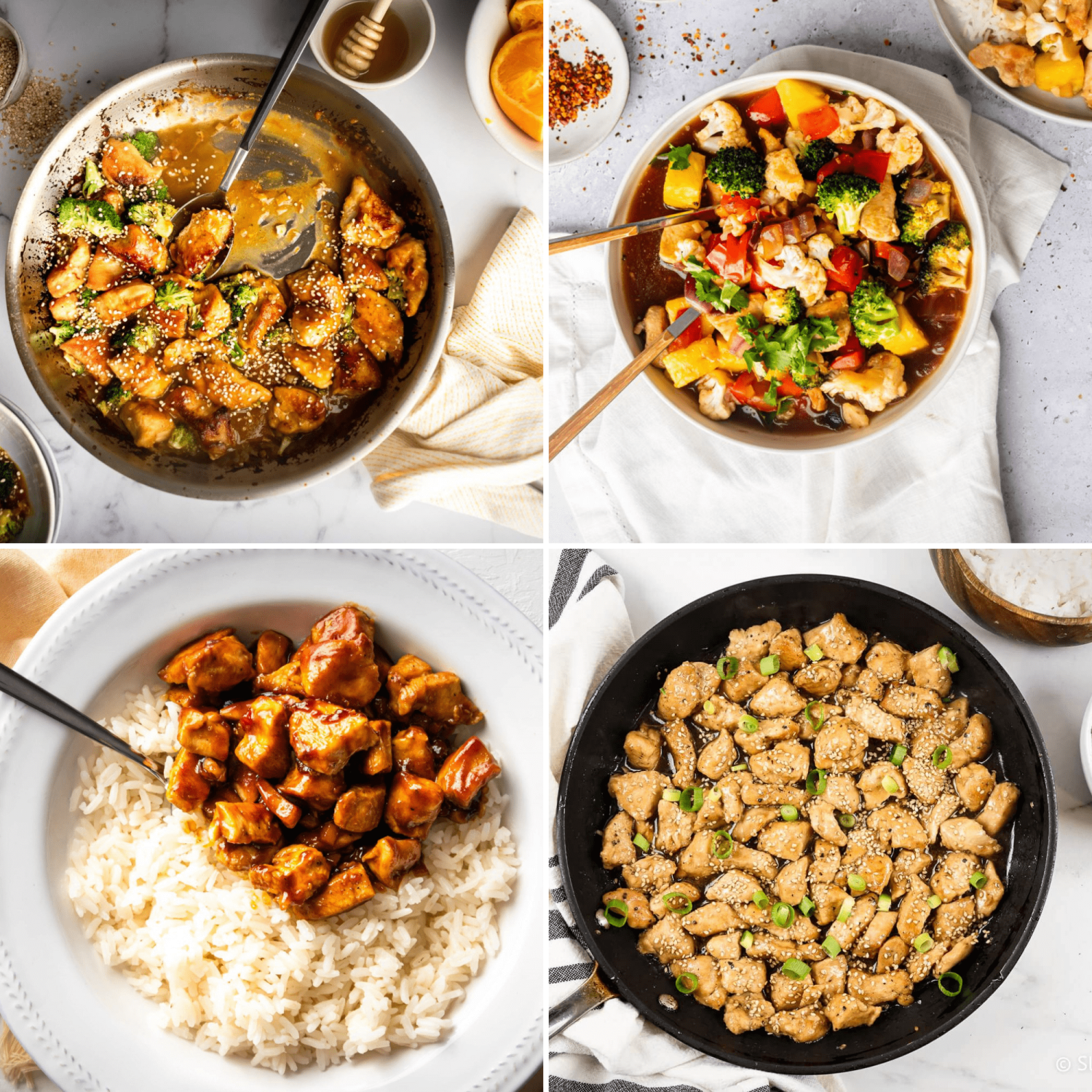 Chicken stir fry recipes including orange chicken, pineapple chicken, hoisin chicken, and sesame chicken.