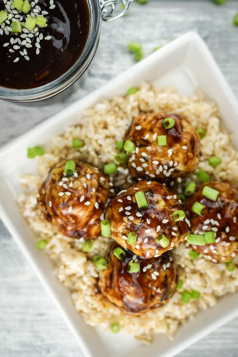 Chicken Teriyaki Meatballs made with quinoa and green onions in a homemade teriyaki sauce.