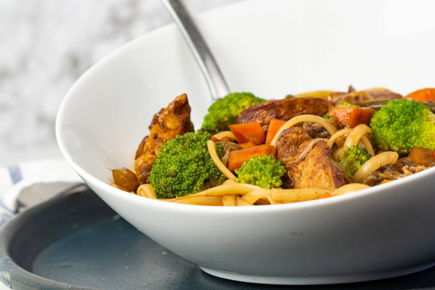 Chicken lo mein in a bowl with vegetables.