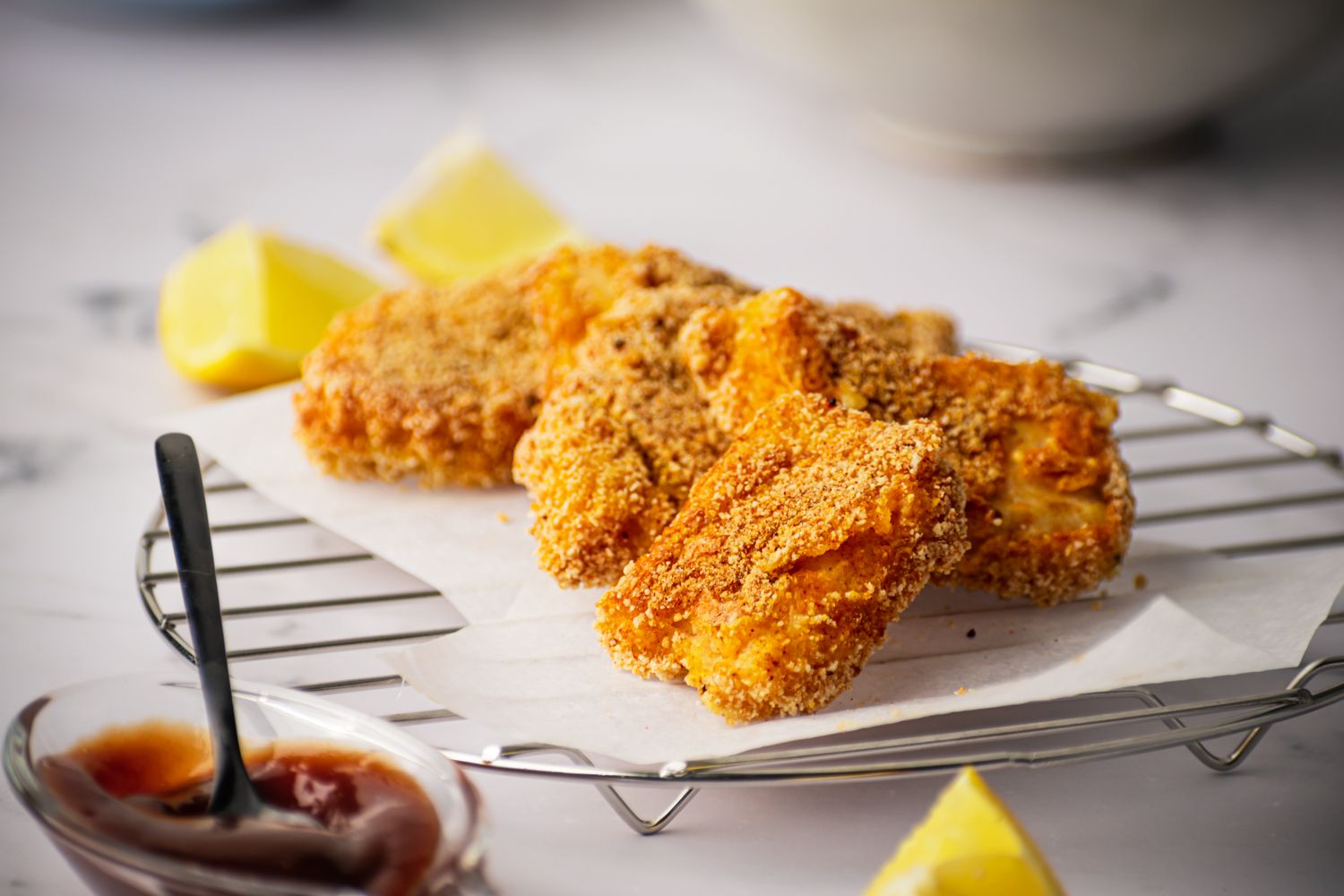 Baked fish with a crispy breadcrumb coating served with Old bay seasoning and fresh lemon.