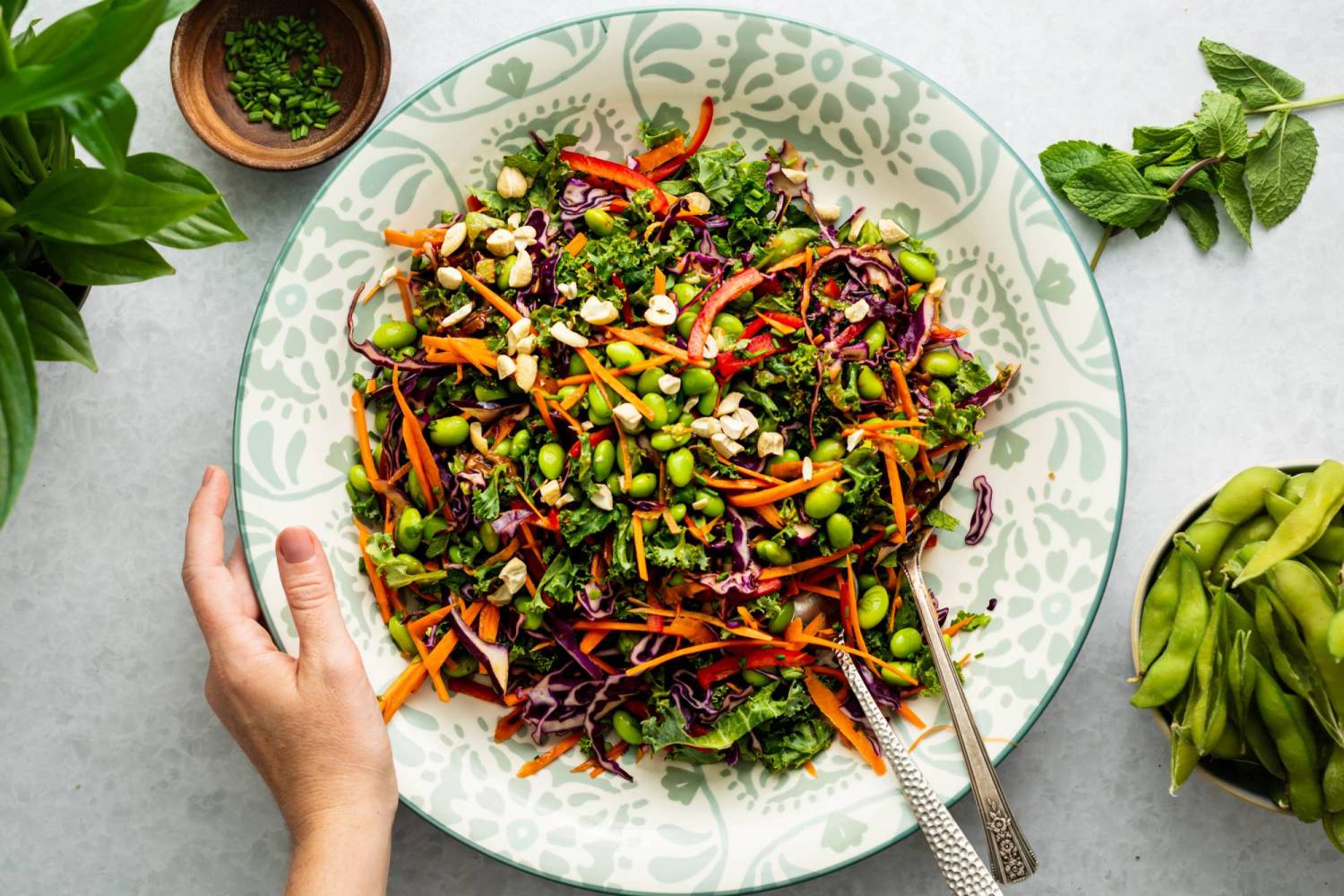 Shelled edamame salad with carrots, kale, cabbage, onion, peanuts, and herbs in a bowl with peanut dressing.