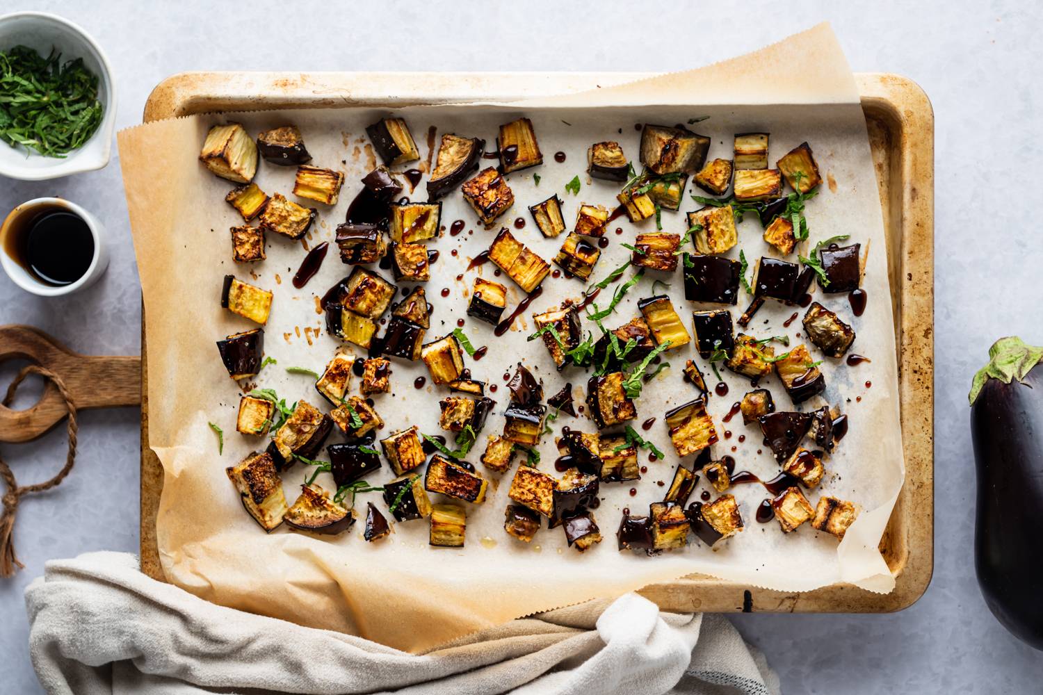 Eggplant cubes that are roasted with balsamic vinegar, garlic, and fresh basil.