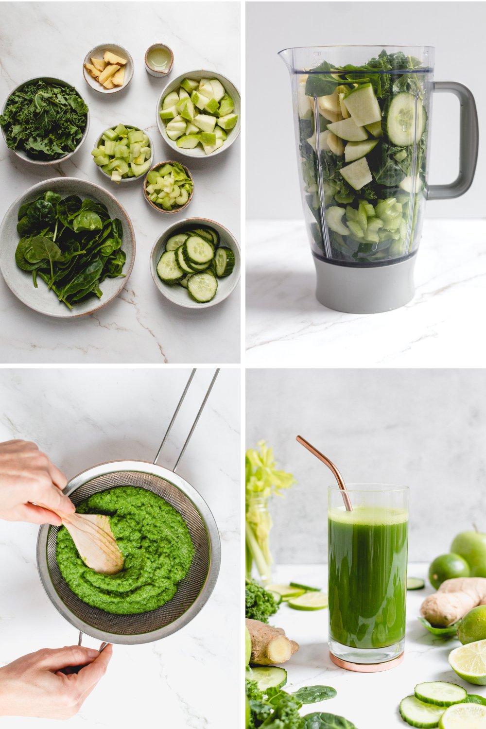 Blender green juice with celery, cucumbers, spinach, kale, apples, and ginger.