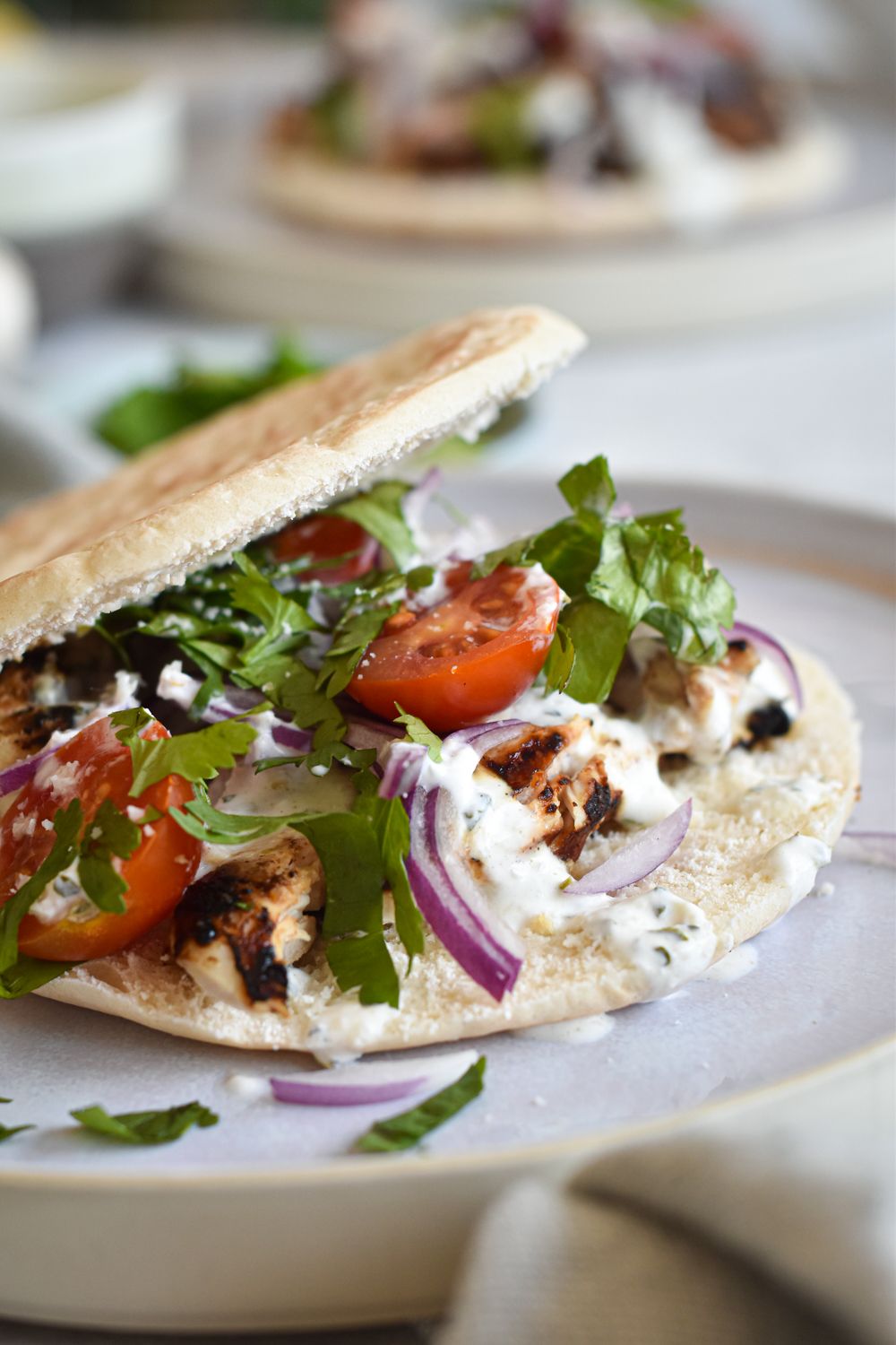 Grilled Souvlaki made with chicken thighs in a pita with fresh veggies and tzatziki.