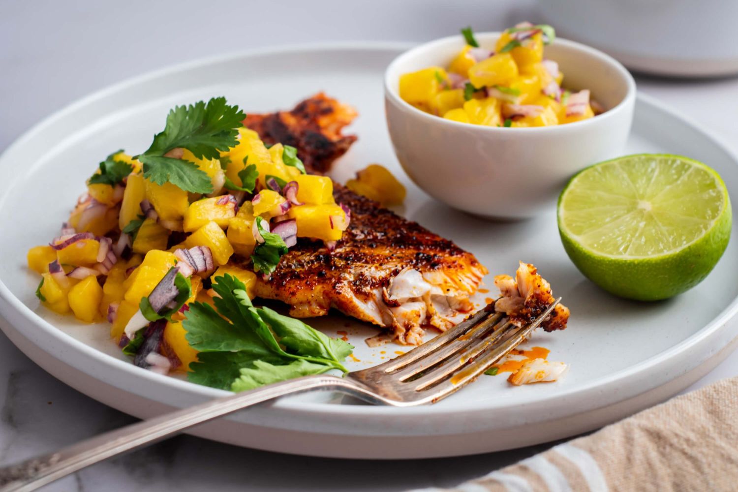 Grilled Mahi fillets with spice rub and served with pineapple, cilantro, and red onion salsa.