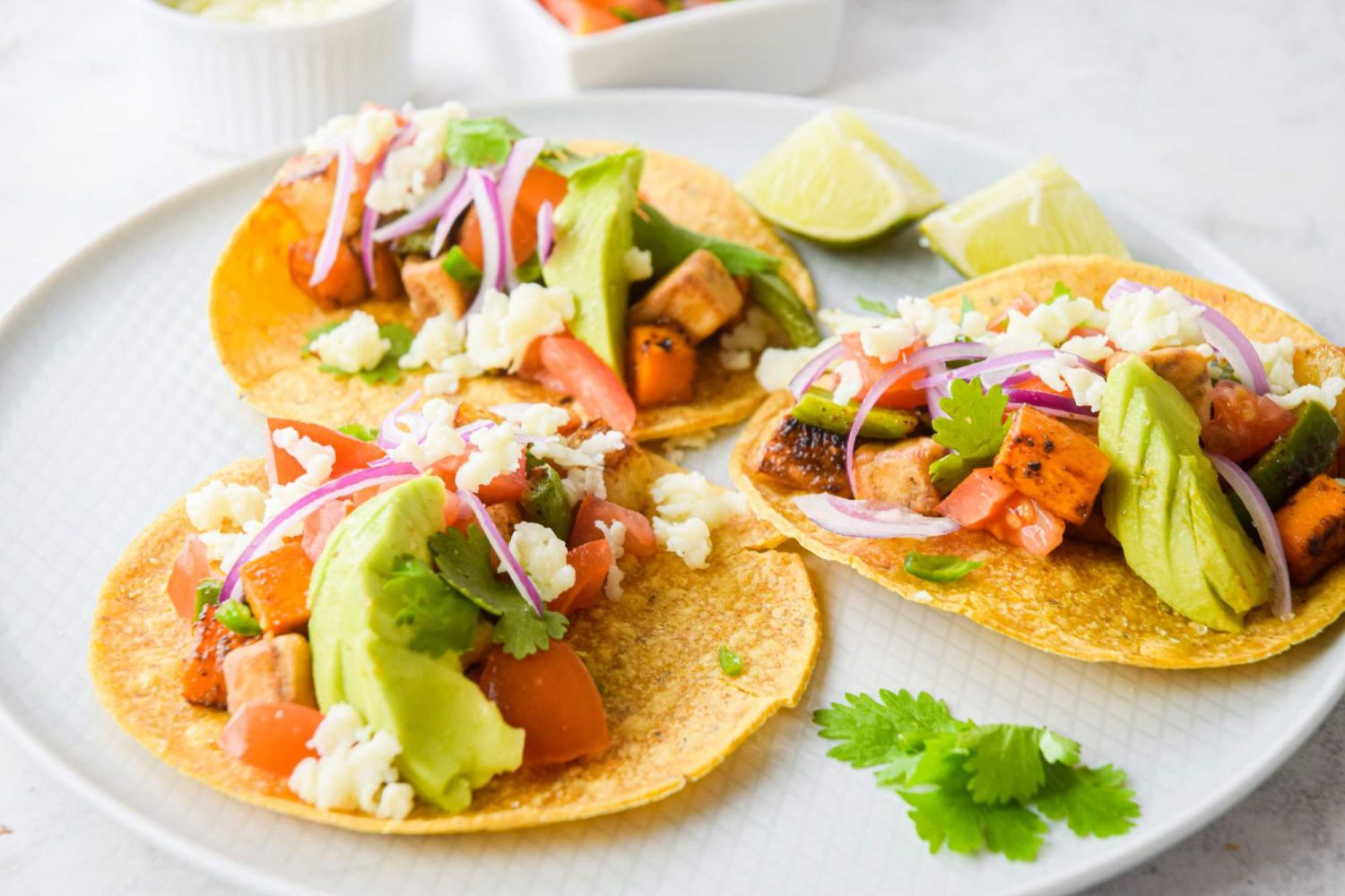 Tostadas with vegetables on corn tortillas with salsa, cheese, avocado, and cilantro.