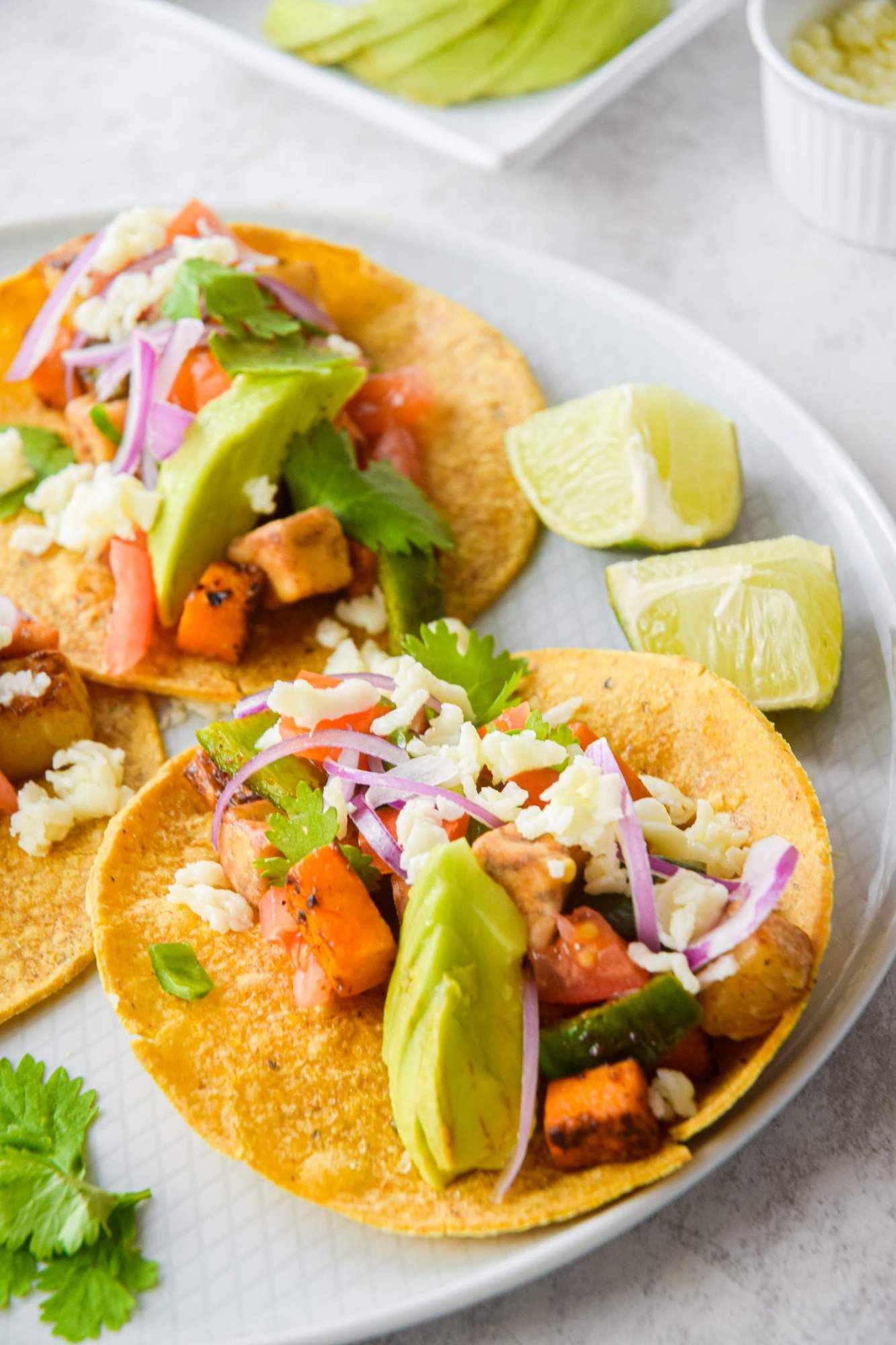 Vegetable tostadas made on the grill with eggplant, peppers, zucchini, onions, cheese, and avocado.