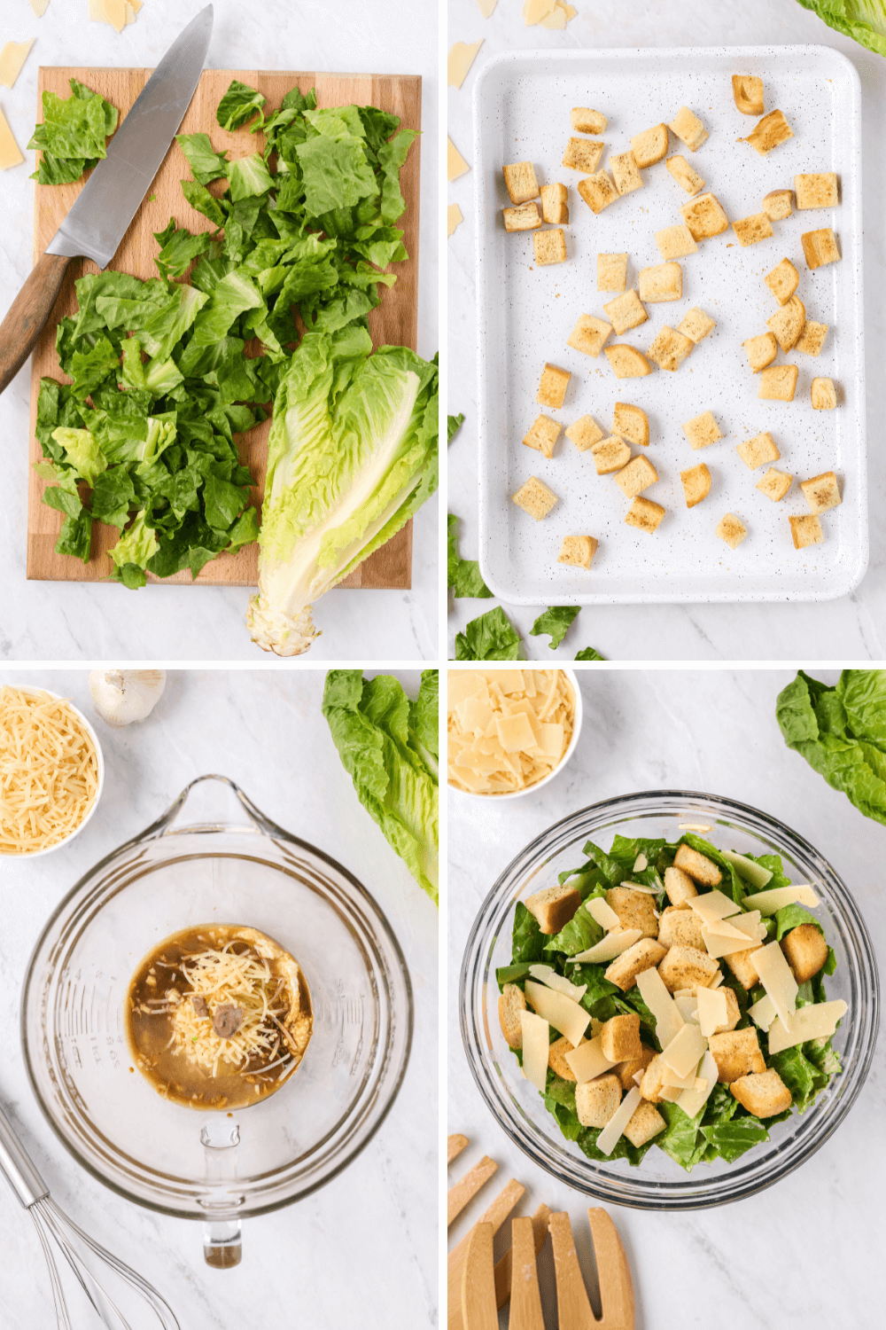 Caesar salad with chopped Romaine lettuce, Parmesan cheese, croutons, and dressing.