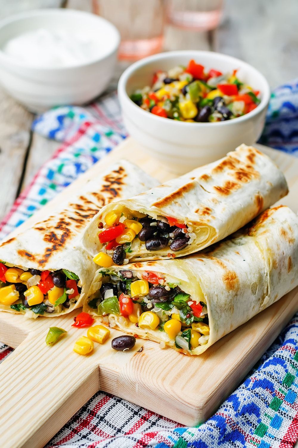 Homemade Frozen Burrito packed with quinoa, black beans, and corn.