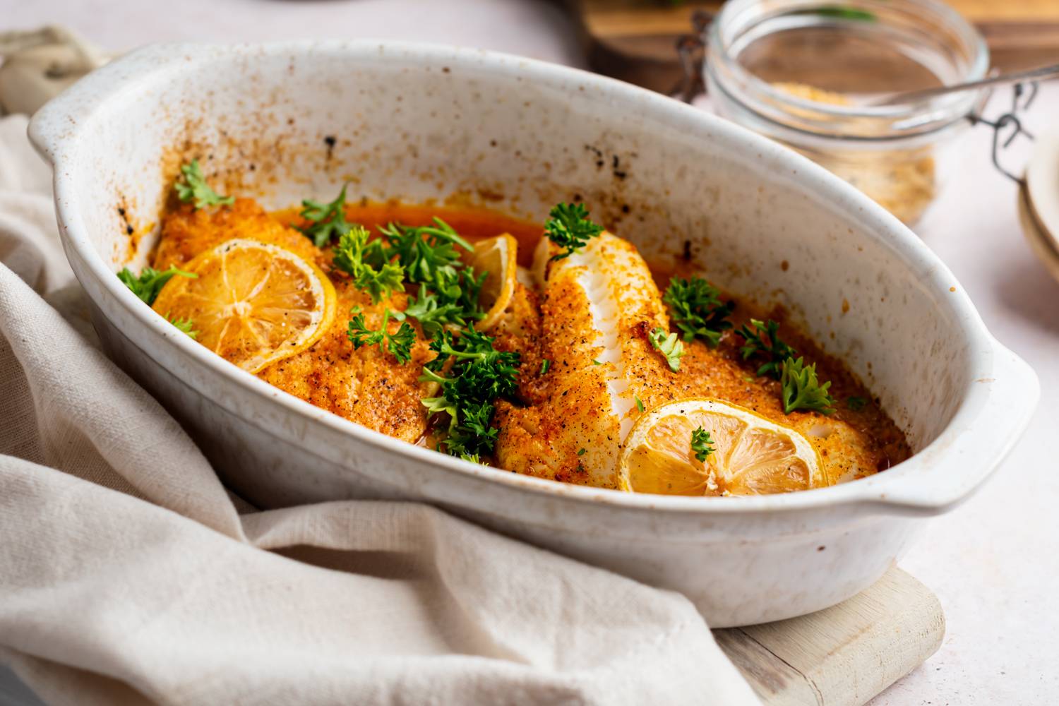 Baked tilapia with lemon pepper seasoning in a dish with parsley, lemons, and pepper.