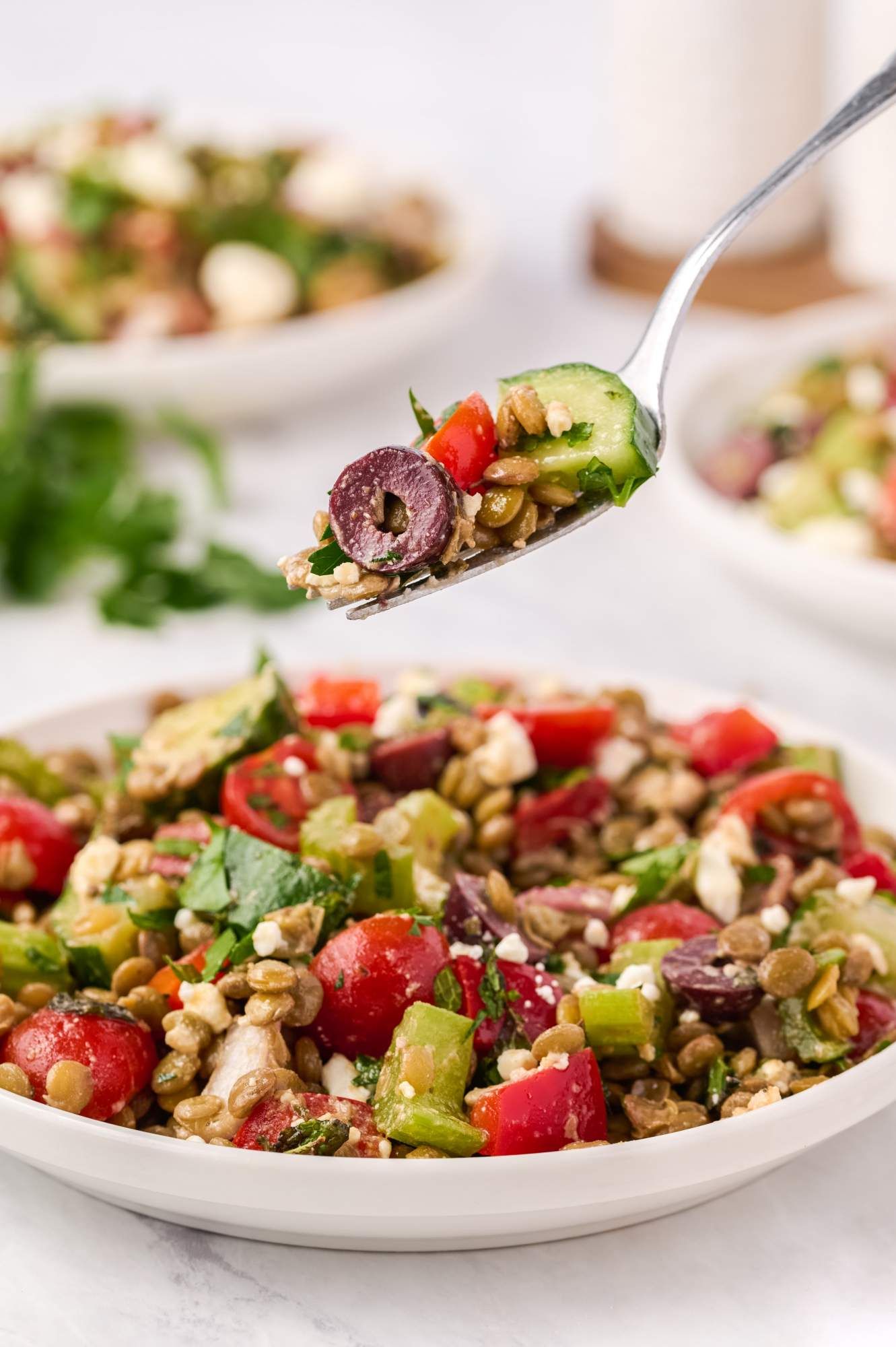 Make ahead lentil salad on a fork with black olives, cucumbers, red bell peppers, and fresh herbs,