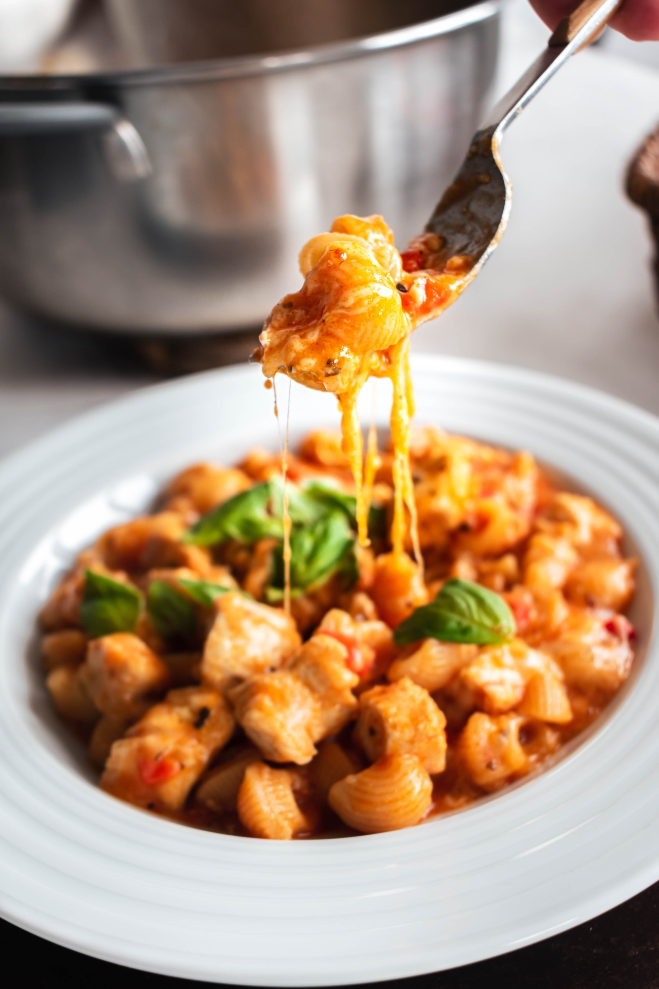 Chicken pasta with marinara sauce and melted cheese being picked up on a fork.