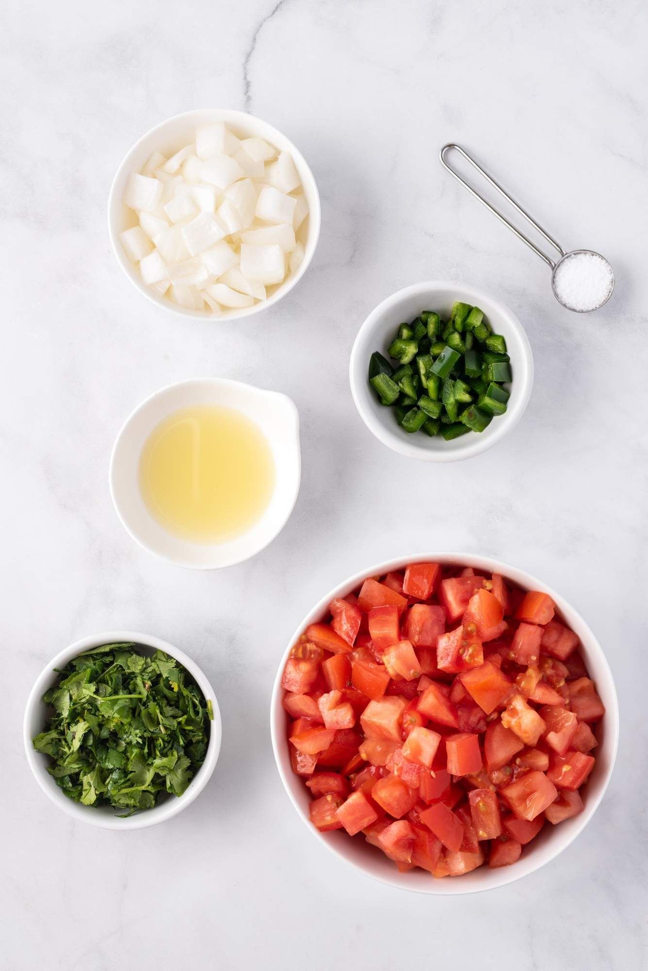 Ingredients for pico de gallo salsa including tomatoes, white onion, lime juice, cilantro, and jalapeno.