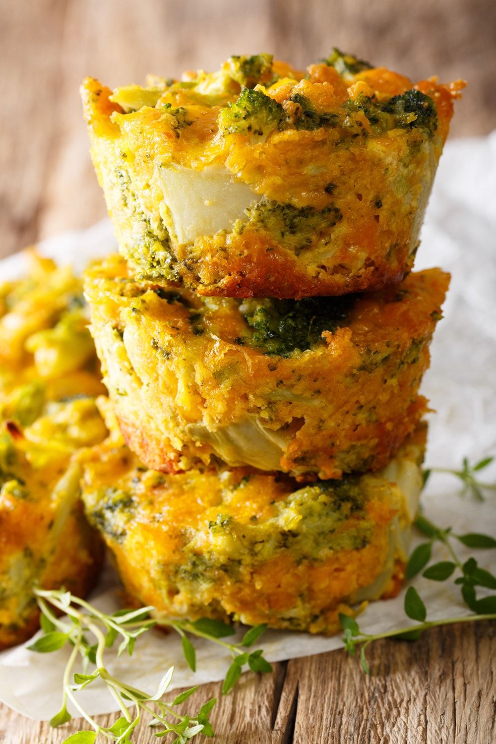 Quiche muffins stacked on top of each other with broccoli and turkey.