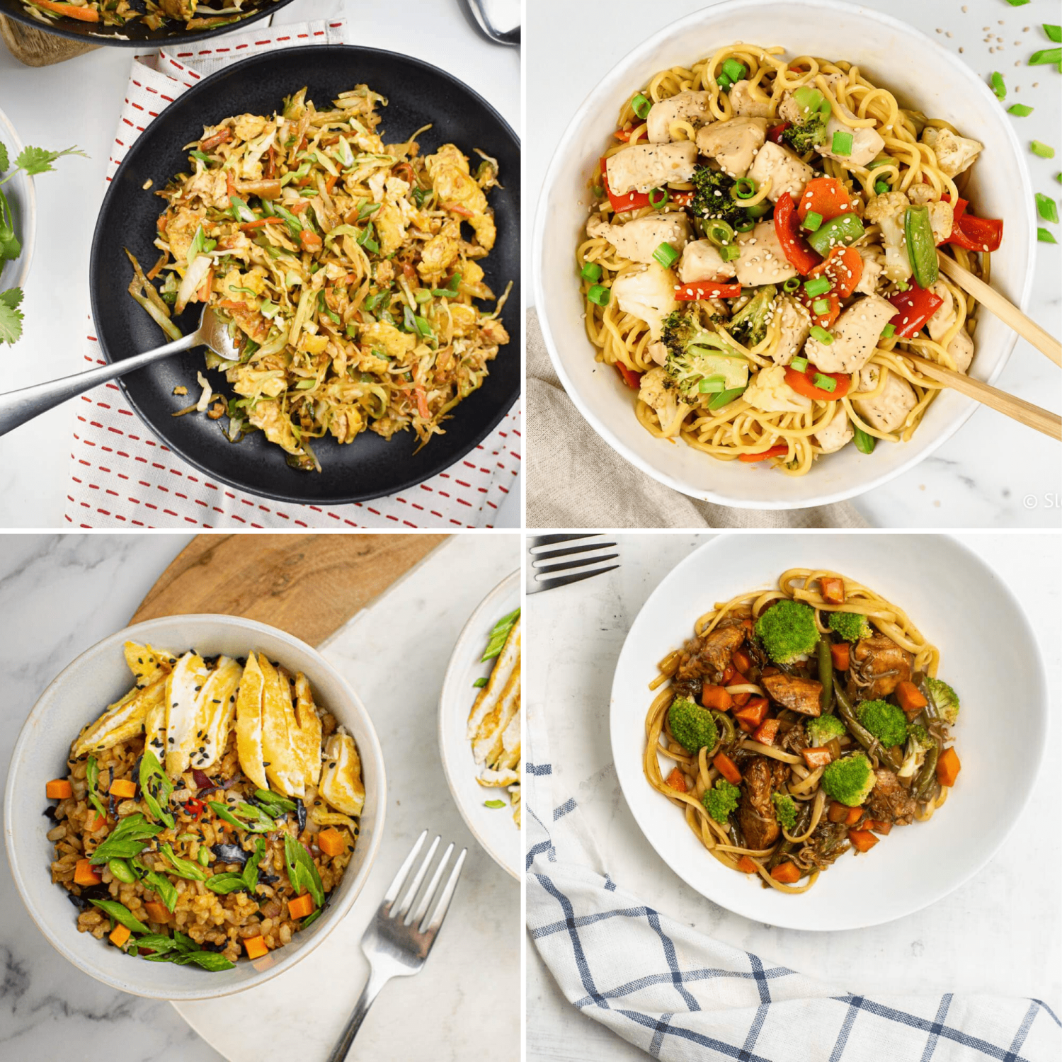 Rice and noodle stir fry recipes including cabbage, chow mein, lo mein, and fried rice.