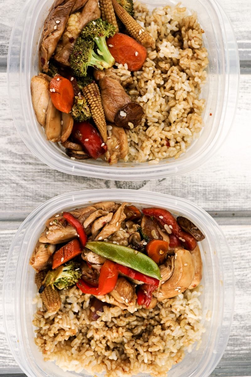 Sheet Pan Asian Chicken Stir Fry packed up for meal prep.