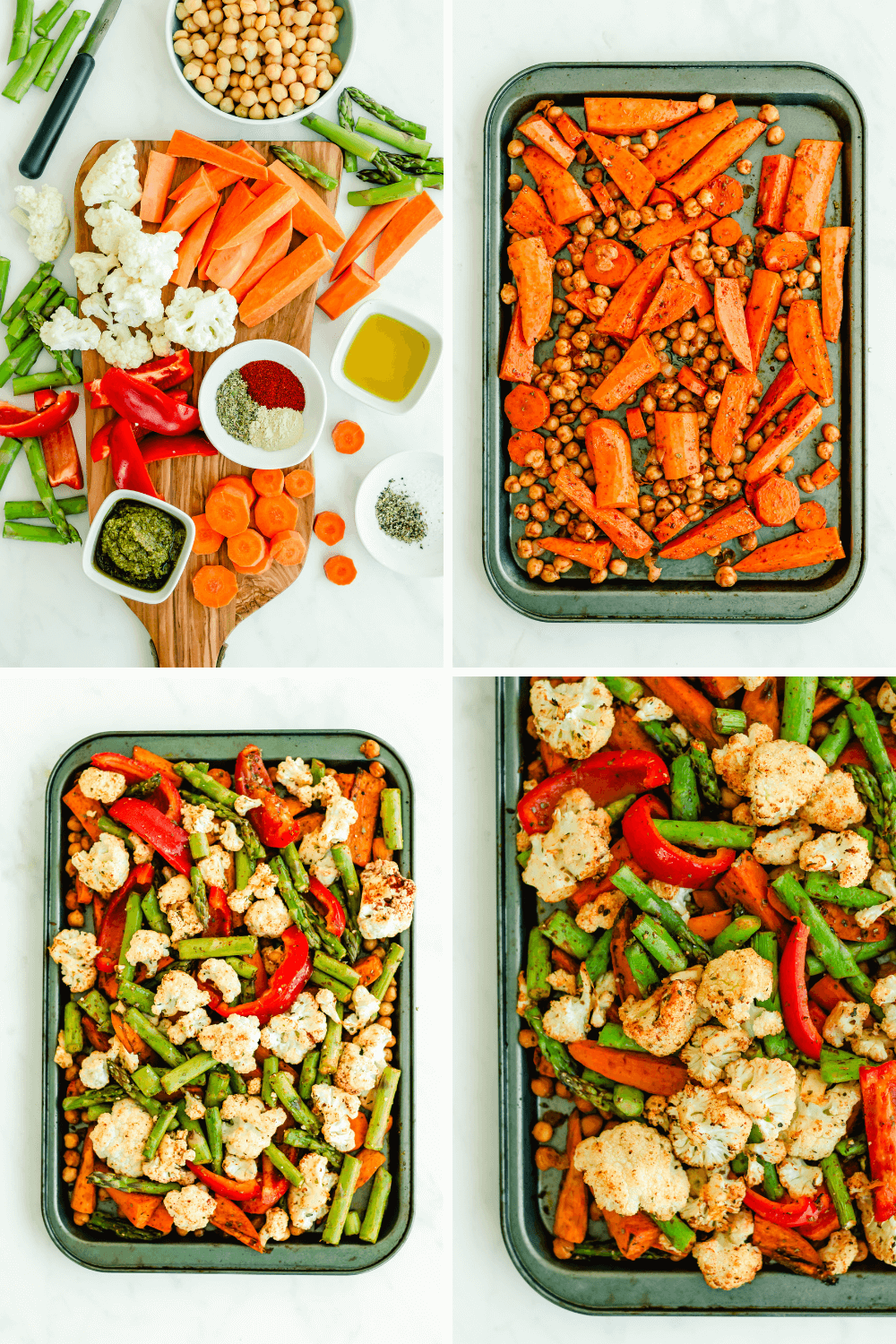 Ingredients to make roasted chickpeas and vegetables including chickpeas, asparagus, sweet potatoes, carrots, and spices.