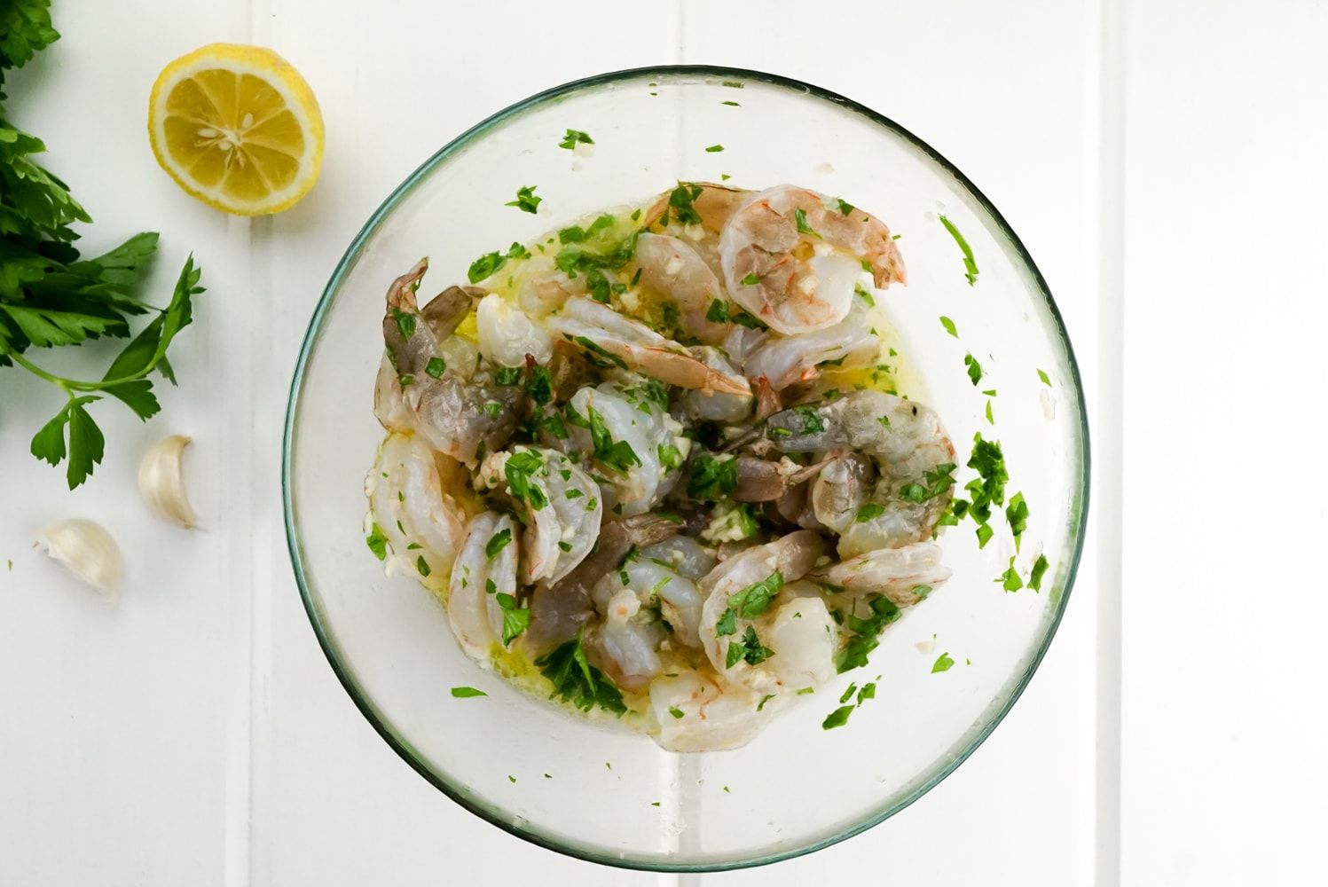 Shrimp Scampi Flatbread with the shrimp marinating in lemon juice and garlic.