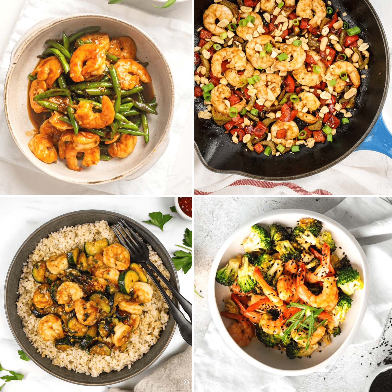 Shrimp stir fry recipes including Firecracker shrimp, teriyaki shrimp, Thai basil shrimp, and Kung Pao shrimp.