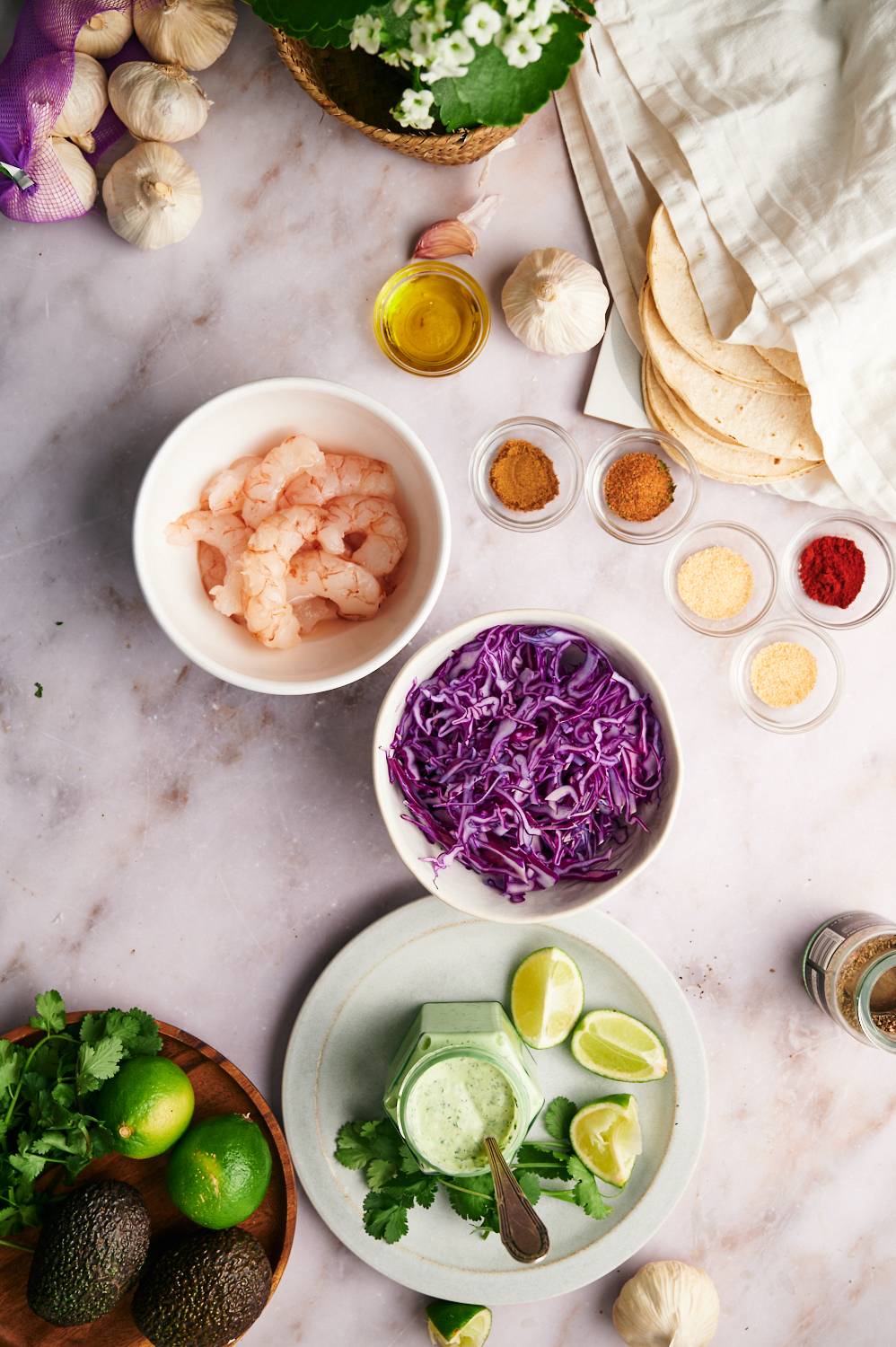 Ingredients for shrimp tacos including raw shrimp, chili powder, paprika, garlic powder onion powder, salt, cilantro, lime juice, and cabbage.