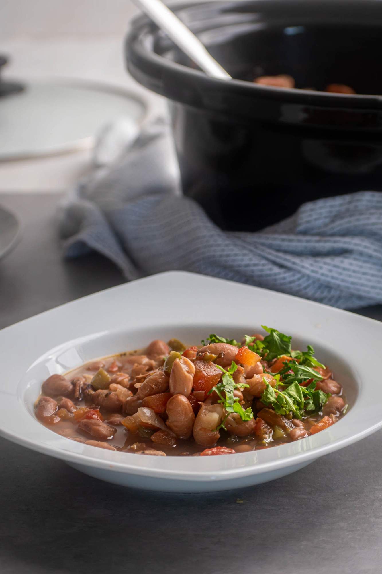 Frijoles charros with bacon, jalapeno peppers, onions, tomatoes, and pinto beans topped with fresh cilantro.