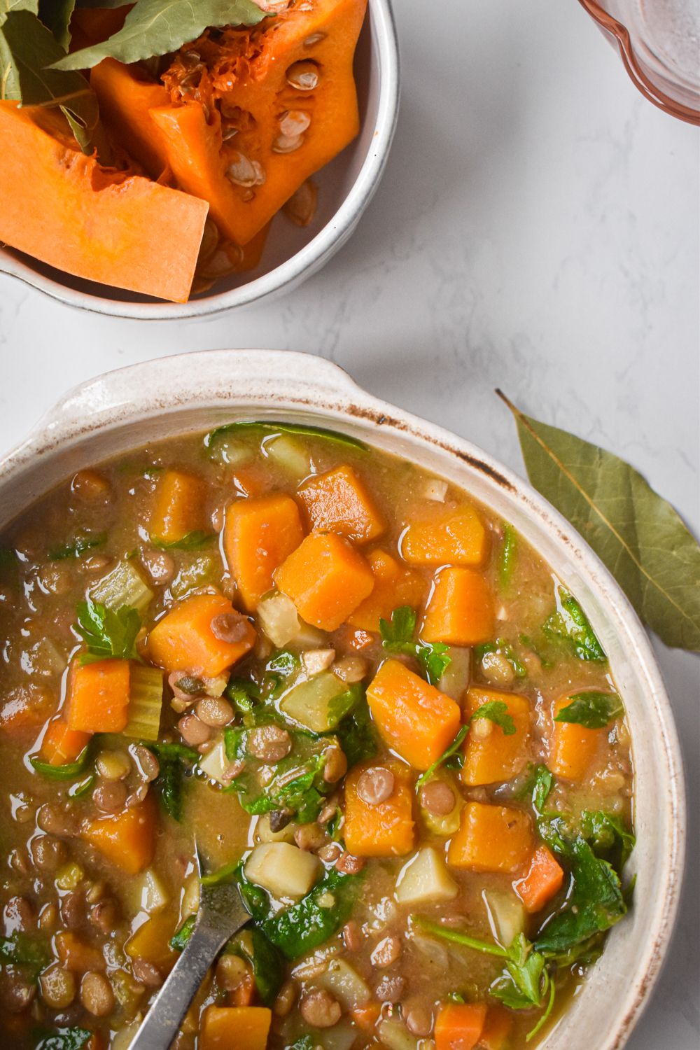 Crockpot lentil stew with dried lentils, butternut squash, potatoes, and vegetables in a bowl with squash on the side.