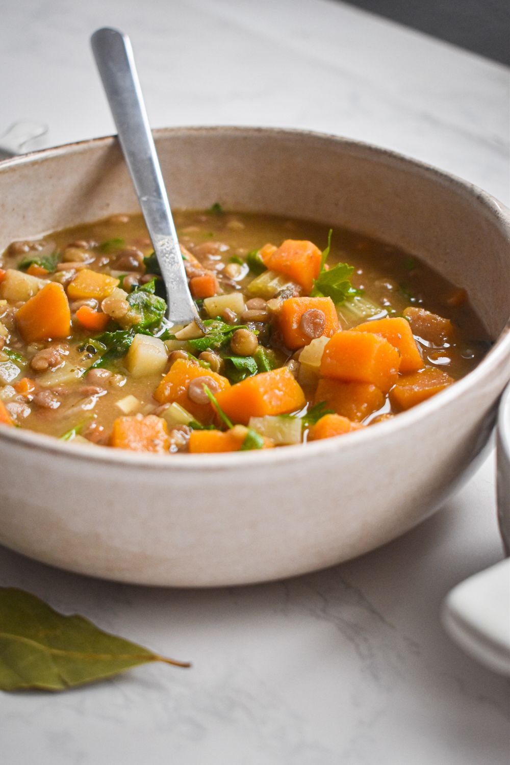 Lentil vegetable soup with cooked lentils, vegetables. and potatoes in a bowl with a spoon.