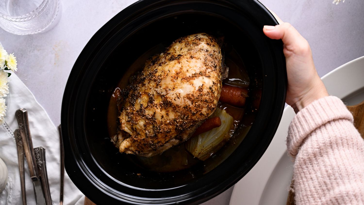 Boneless turkey breast cooked in the crockpot with carrots, celery, and onions.