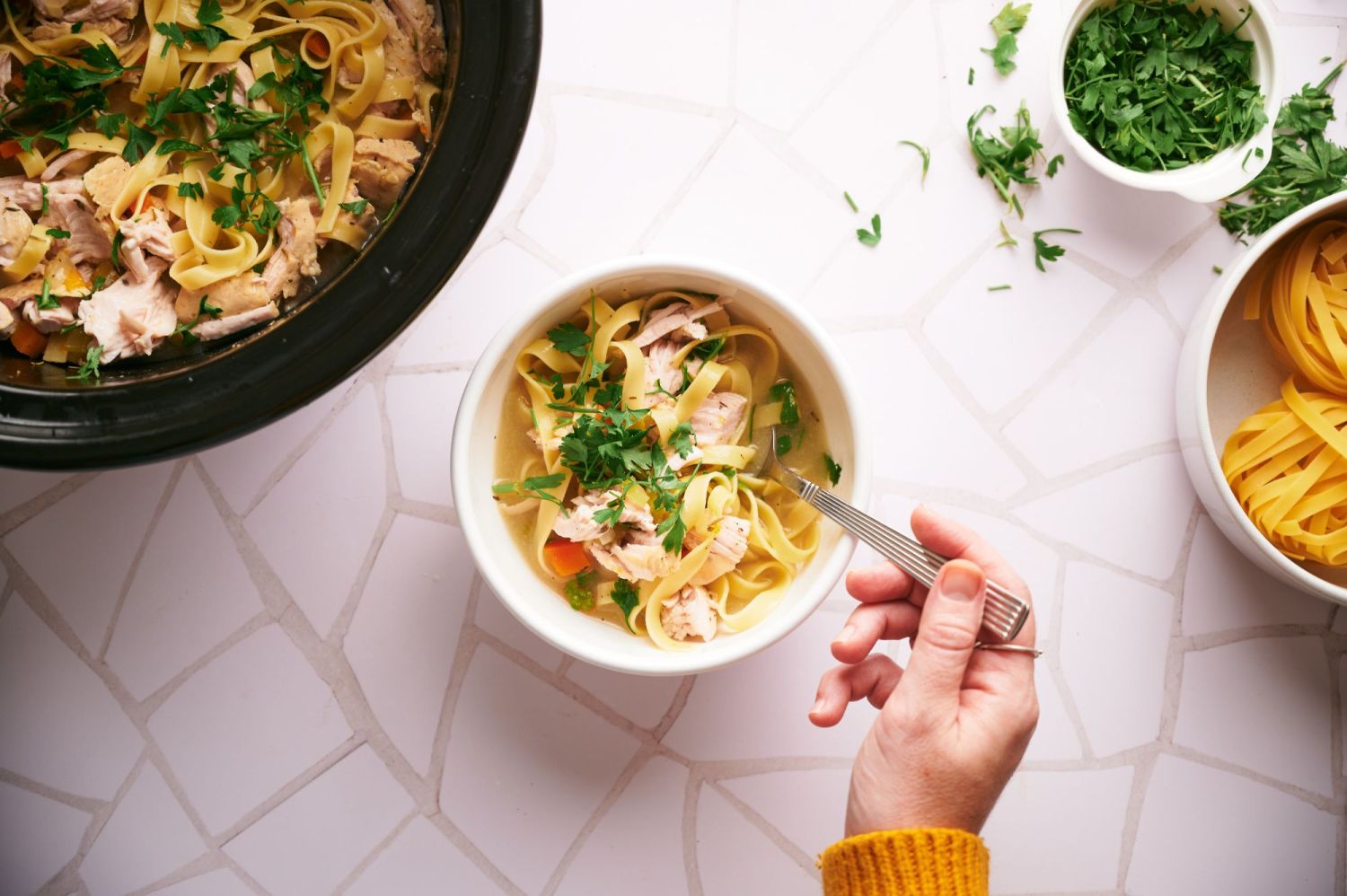 Turkey soup in a bowl and served in a slow cooker with noodles, turkey, carrots, celery, and parsley.