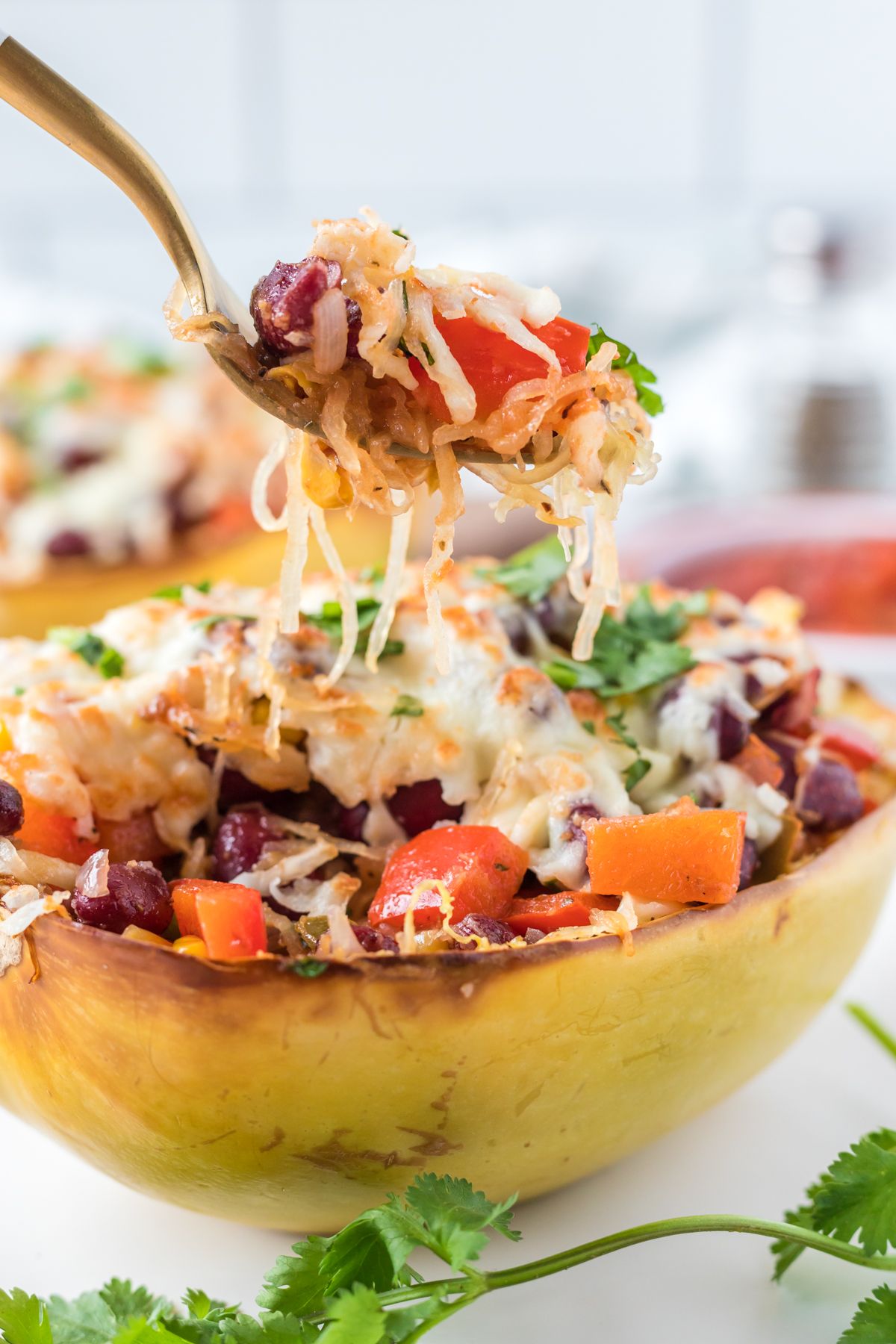 Vegetarian burrito bowl with spaghetti squash, beans, salsa, corn, and melted cheese on a fork.