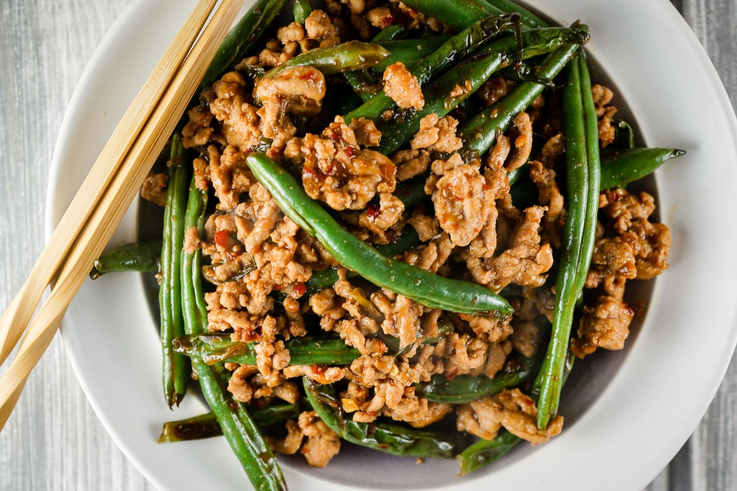 Spicy Ground Turkey and Green Bean Stir-fry is ready in fifteen minutes.