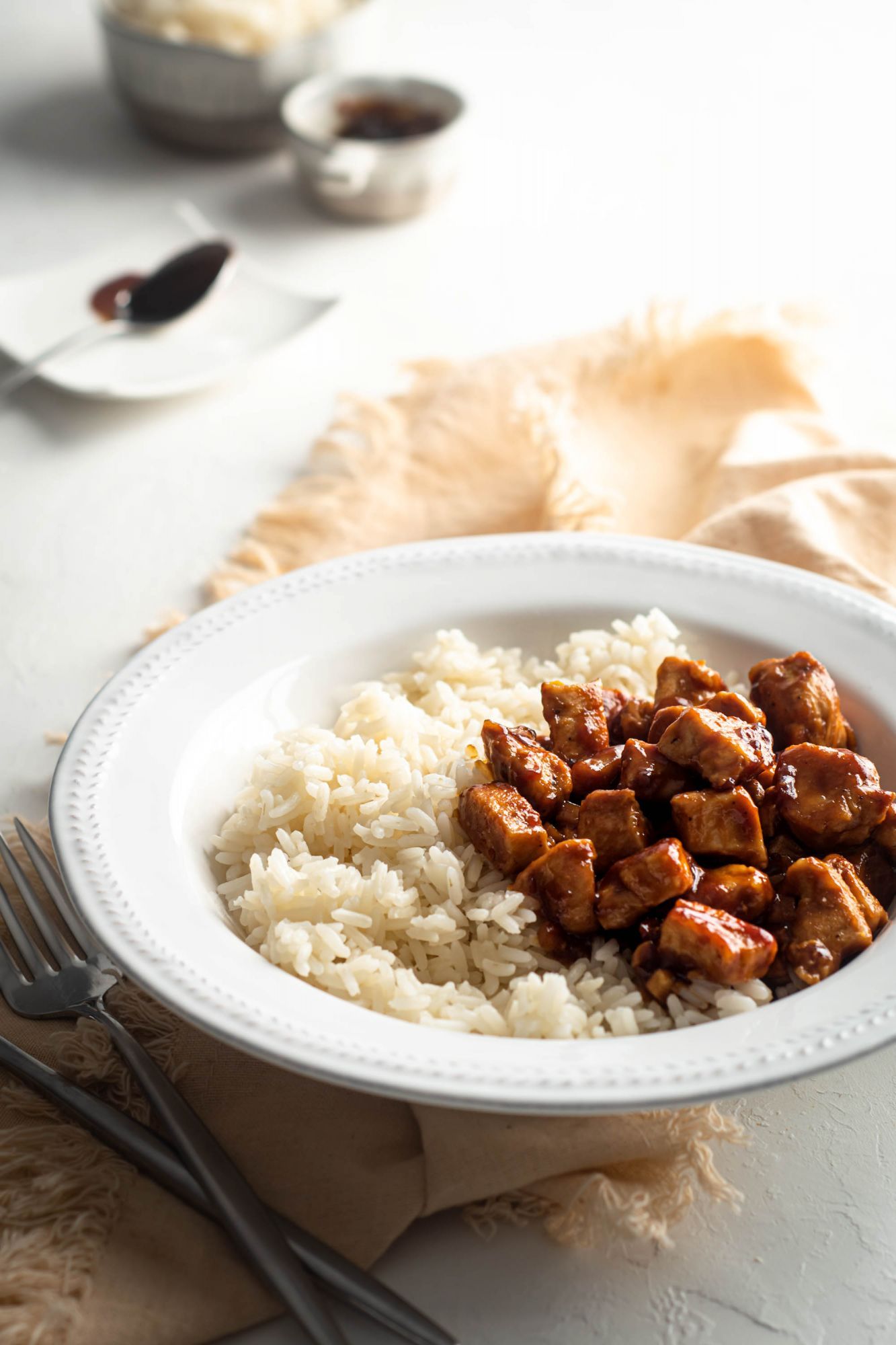 Stir fried hoisin chicken chunks served with spicy sauce and white rice with extra hoisin sauce on the side.