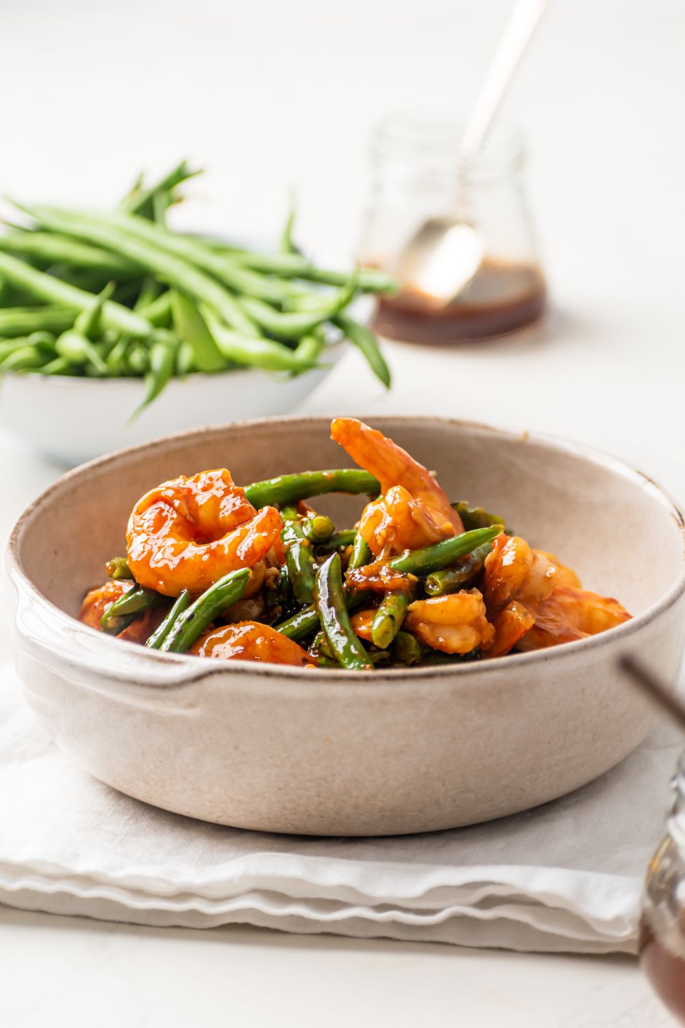 Teriyaki shrimp stir-fry with green beans and shrimp tossed in homemade teriyaki sauce.