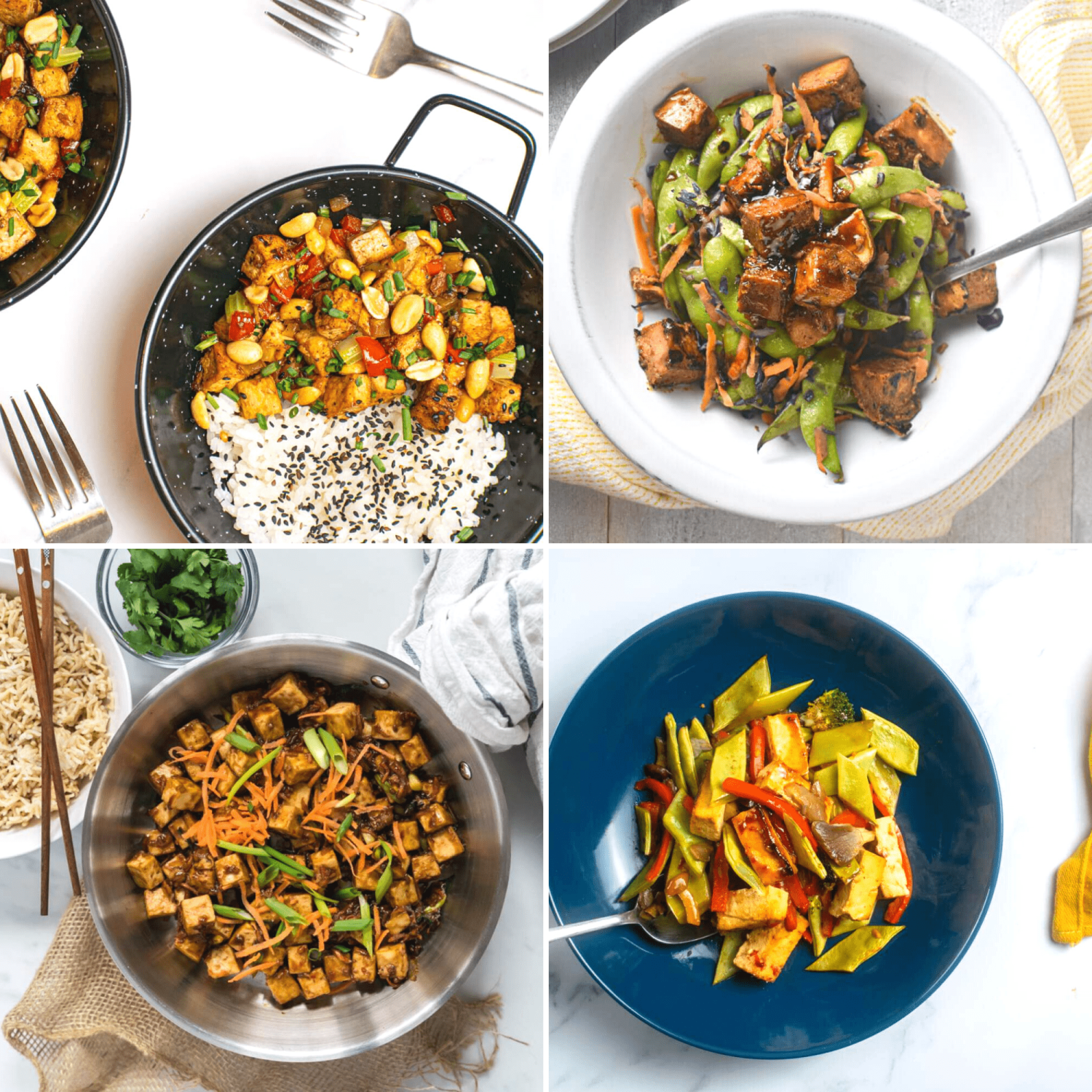 Tofu stir fry recipes including Kung Pao tofu, chili tofu, Mongolian tofu, and Sheet pan tofu and vegetables.